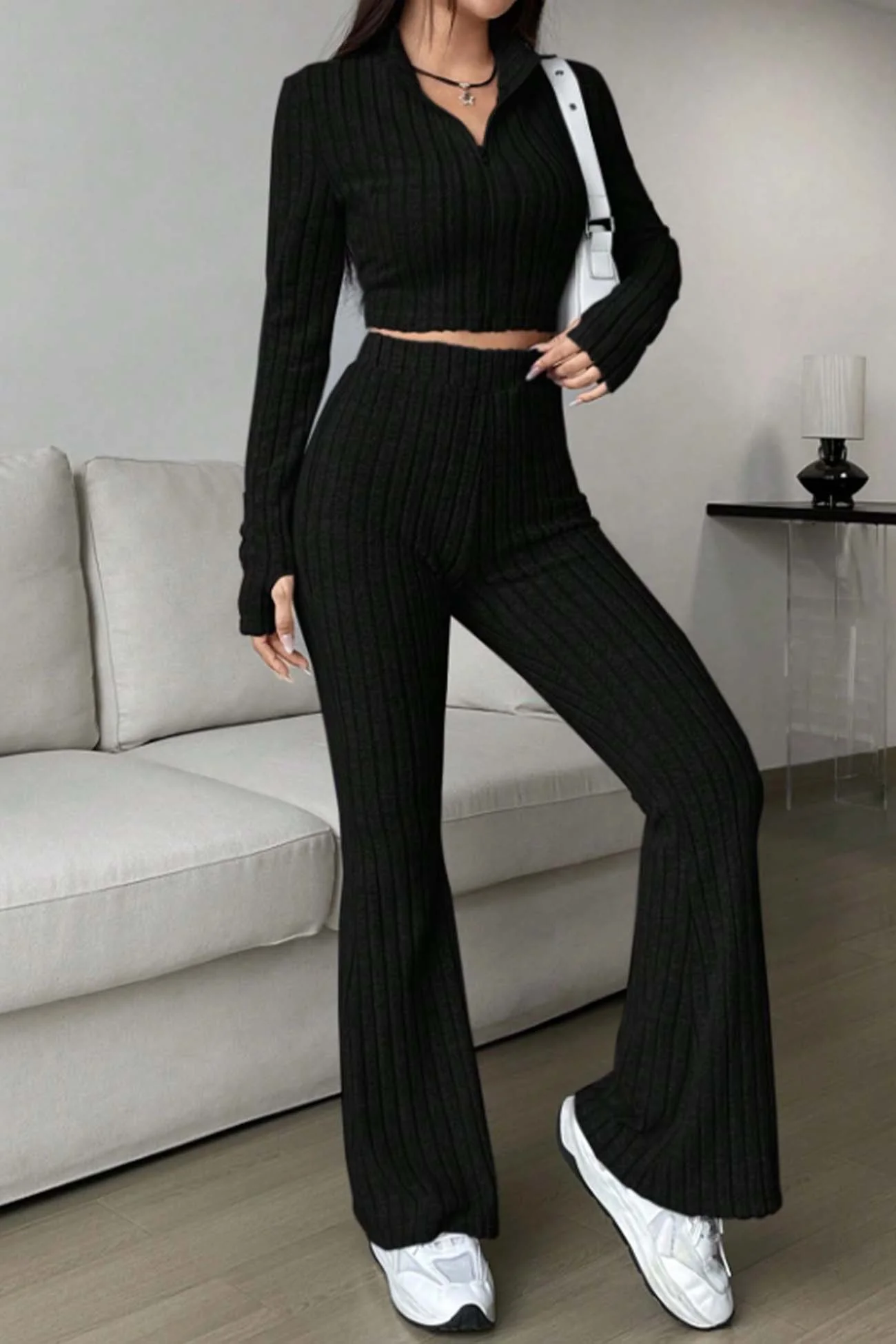 Nina | Long sleeve zip-up ribbed flared pants set - Image 11