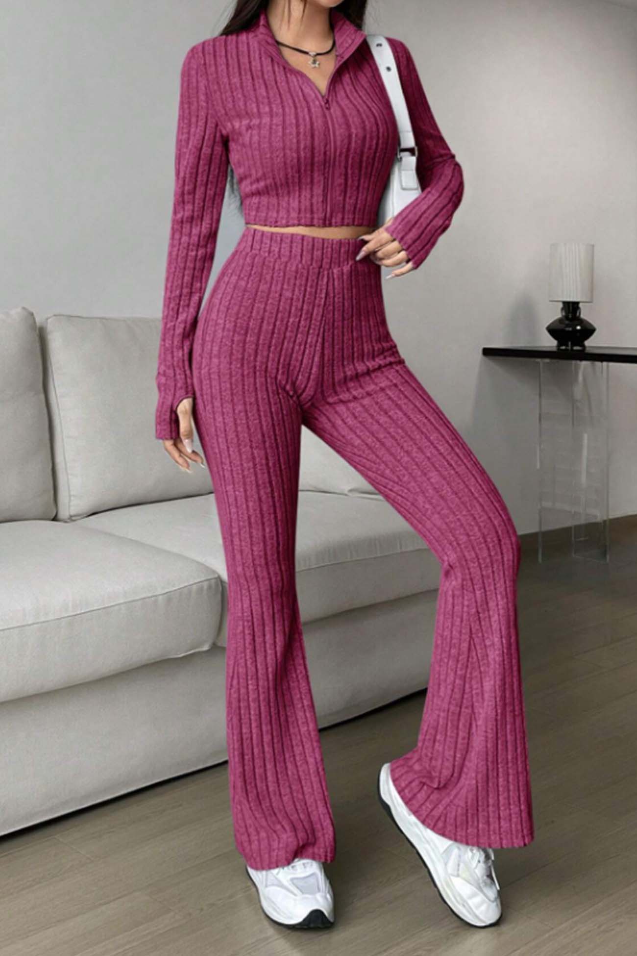 Nina | Long sleeve zip-up ribbed flared pants set - Image 3