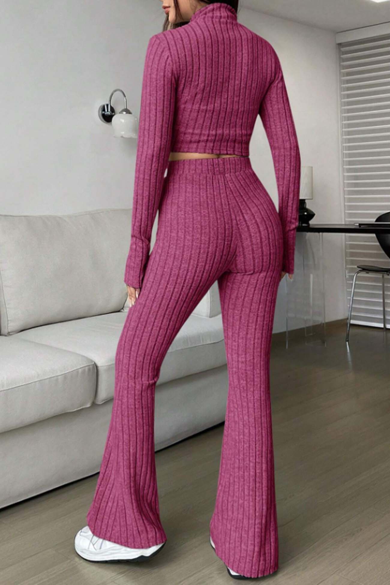 Nina | Long sleeve zip-up ribbed flared pants set - Image 4