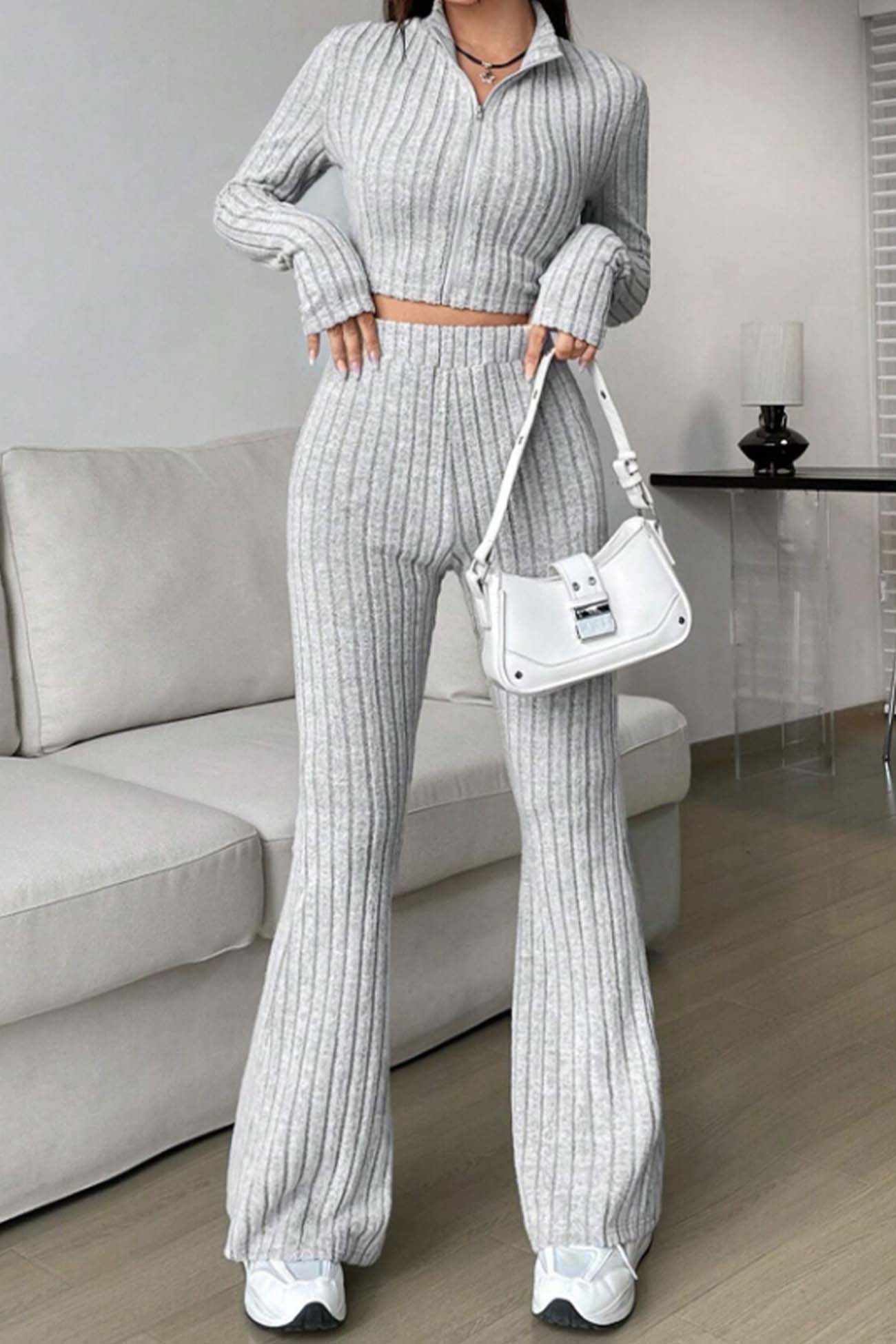 Nina | Long sleeve zip-up ribbed flared pants set - Image 7
