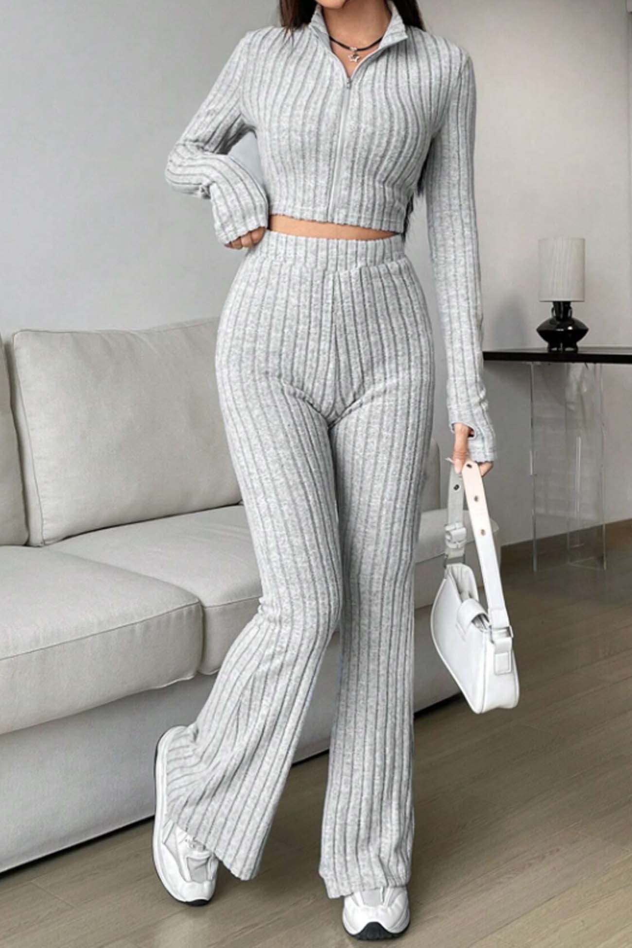 Nina | Long sleeve zip-up ribbed flared pants set - Image 8