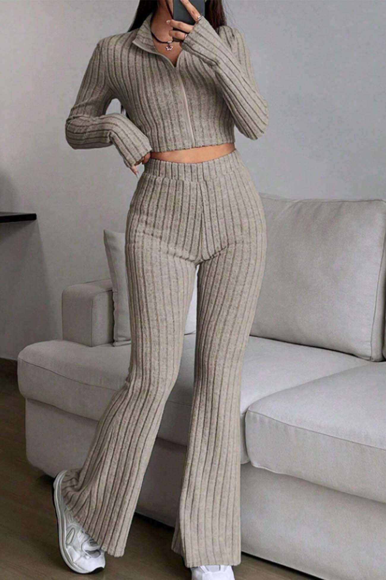 Nina | Long sleeve zip-up ribbed flared pants set - Image 9