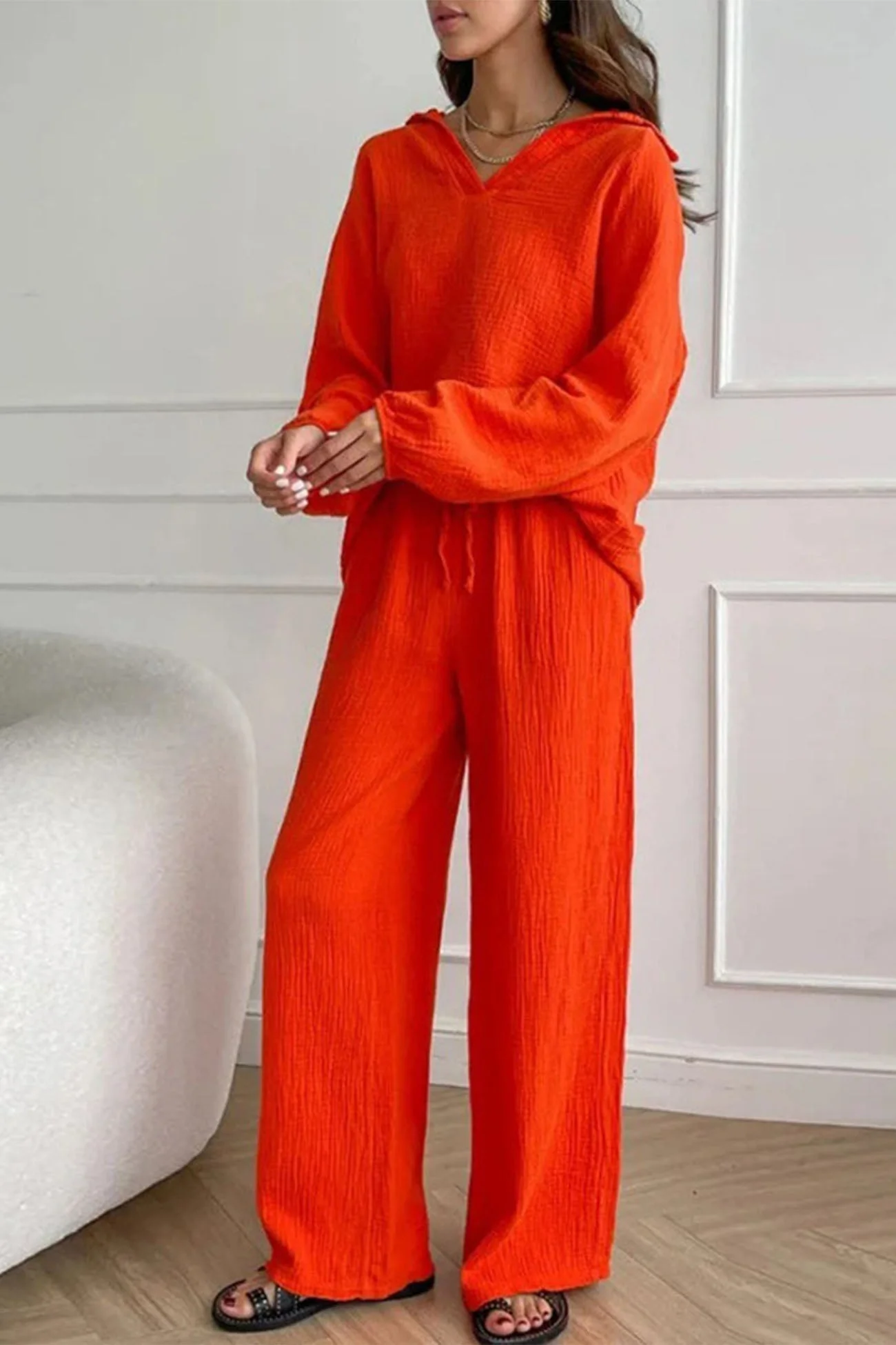 Nina | Two piece set with wide leg pants and lapel drawstring - Image 2