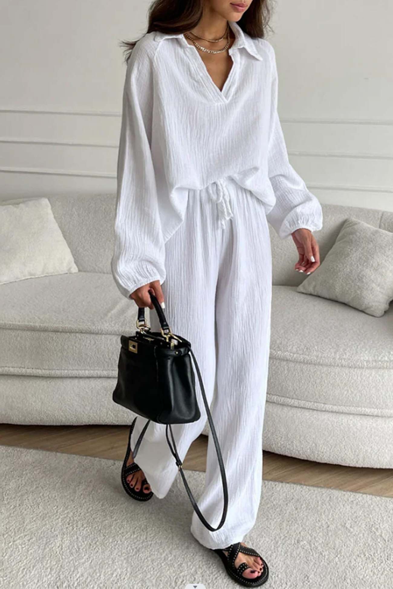 Nina | Two piece set with wide leg pants and lapel drawstring - Image 6