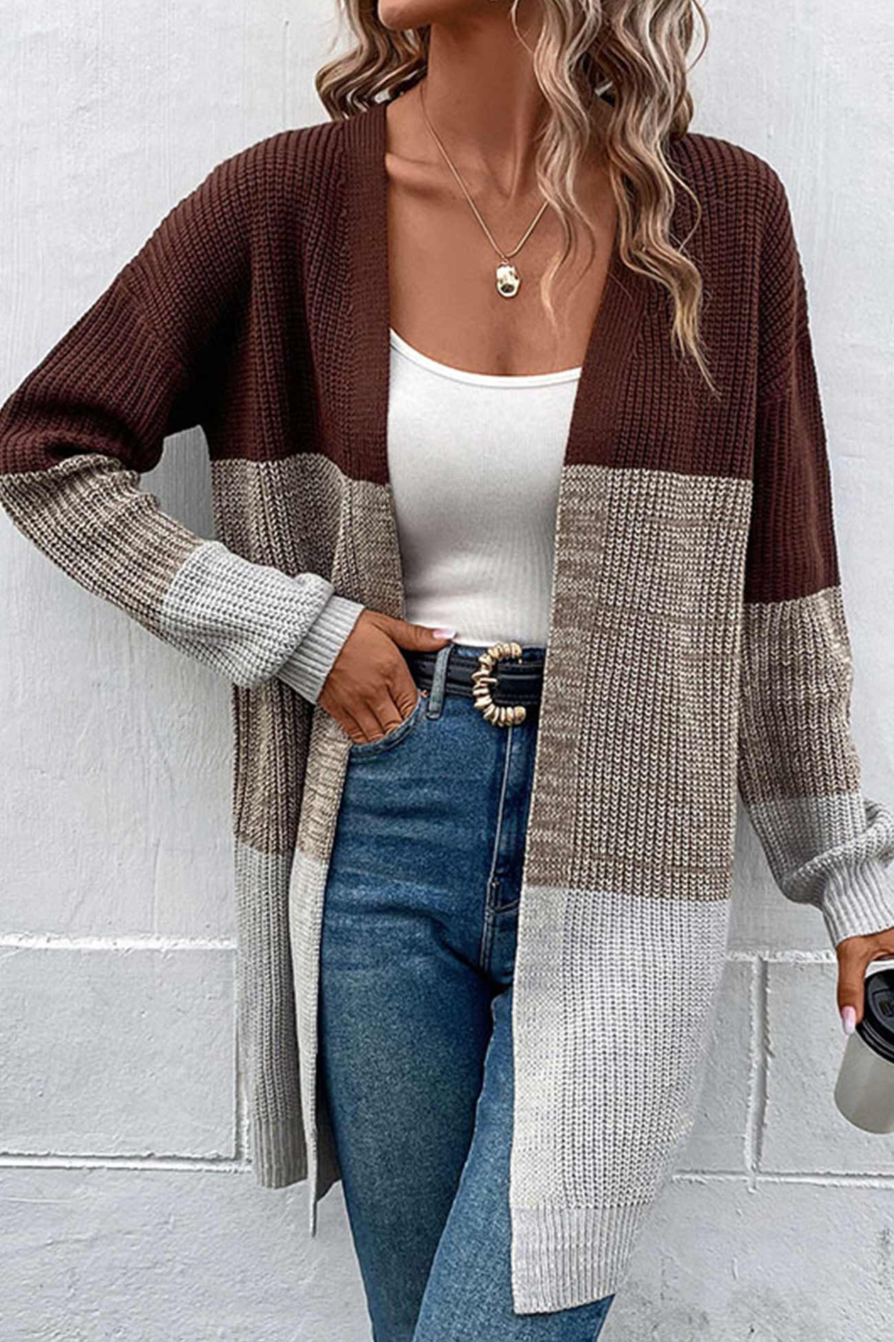 Noelia | Long cardigan with open front and color contrast