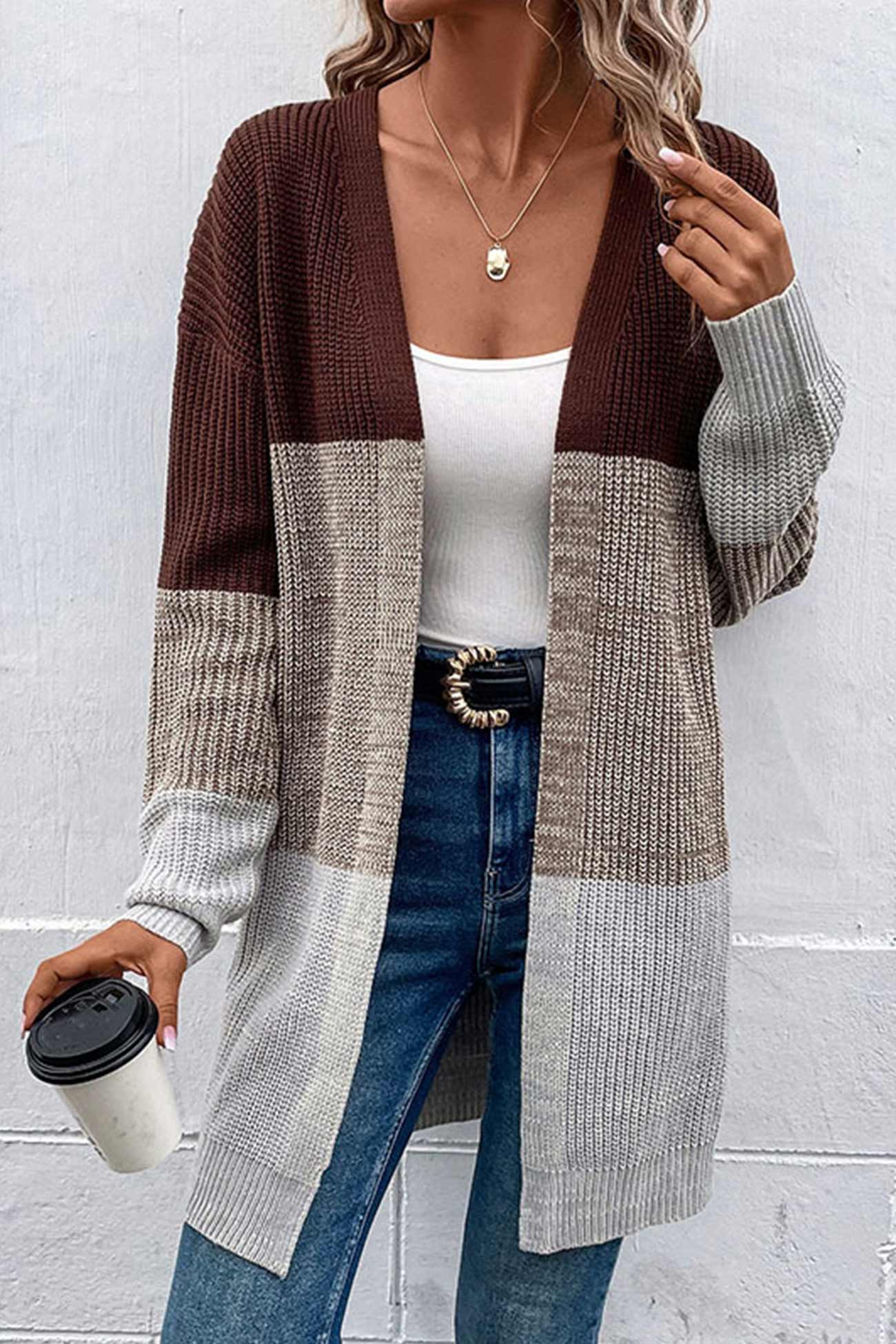 Noelia | Long cardigan with open front and color contrast - Image 2