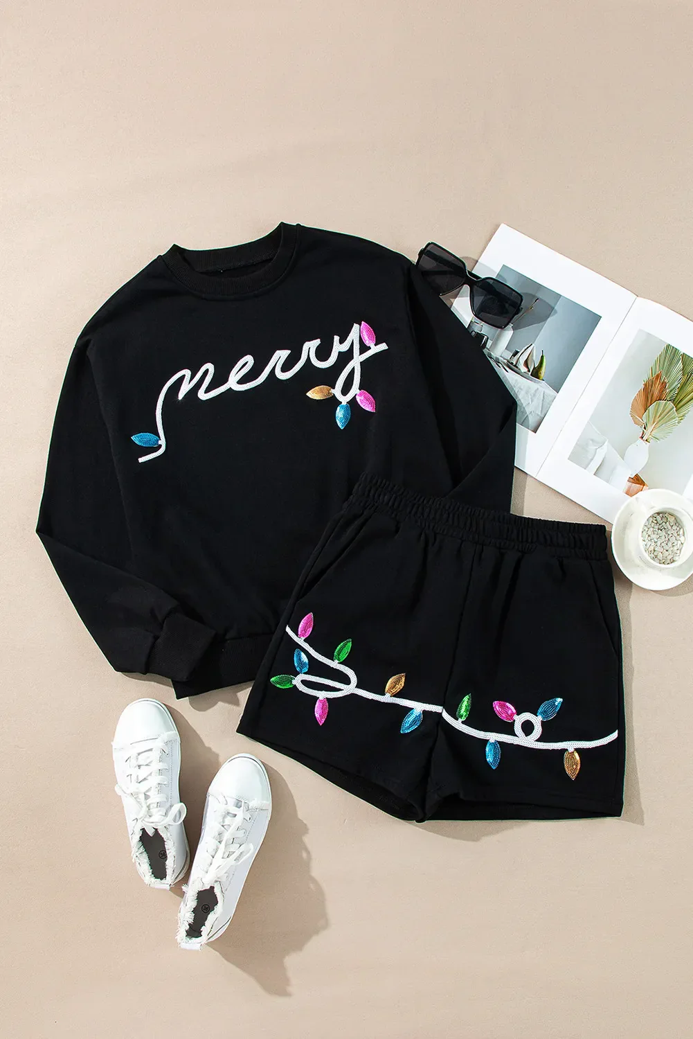 Noelia | MERRY sequined crew neck long sleeve top and shorts set - Image 3