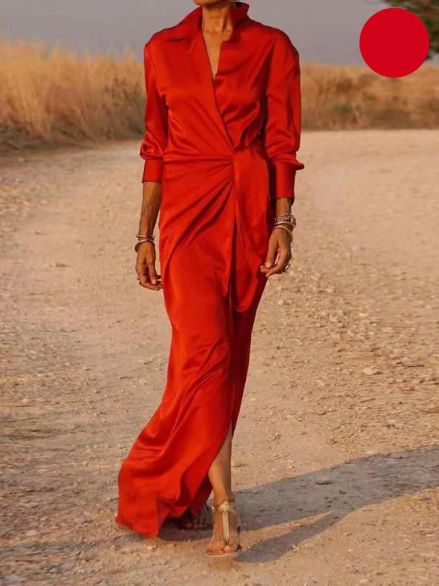Noelia® | Office Lapel V-Neck Maxi Dress