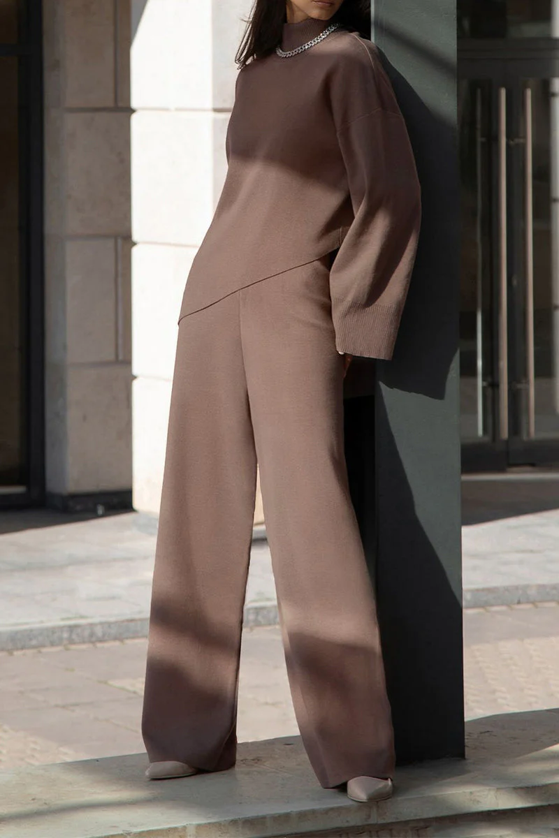 Norma | Casual solid color asymmetrical turtleneck two-piece suit with long sleeves - Image 3