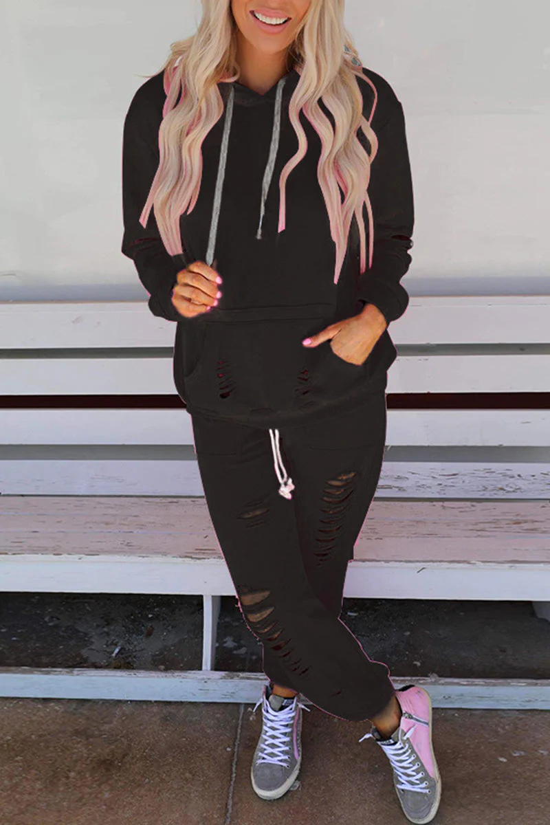 Norma | Casual solid ripped pocket, hooded collar, long sleeves, two-piece - Image 4