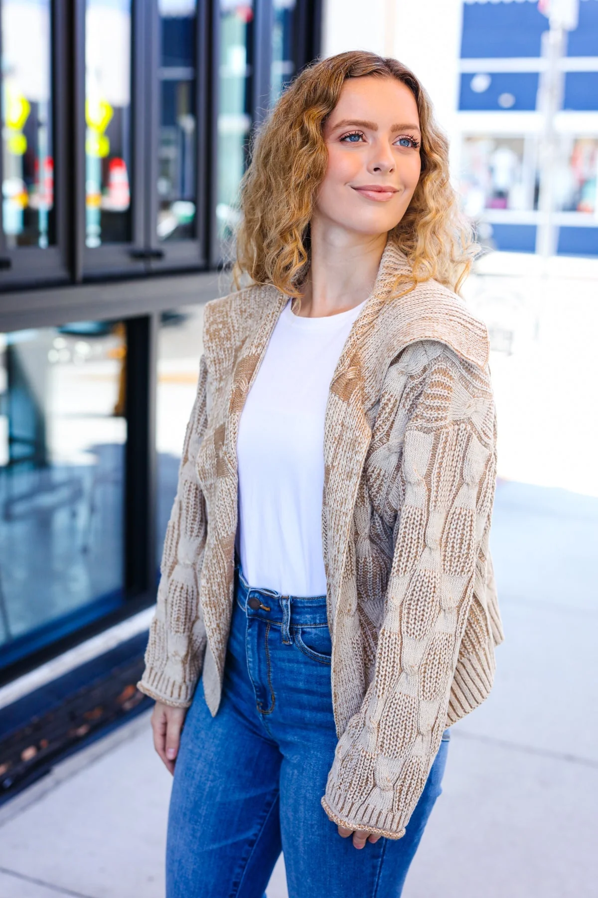 Odette | Autumn Vibes Taupe structured cable knit cardigan with collar - Image 10