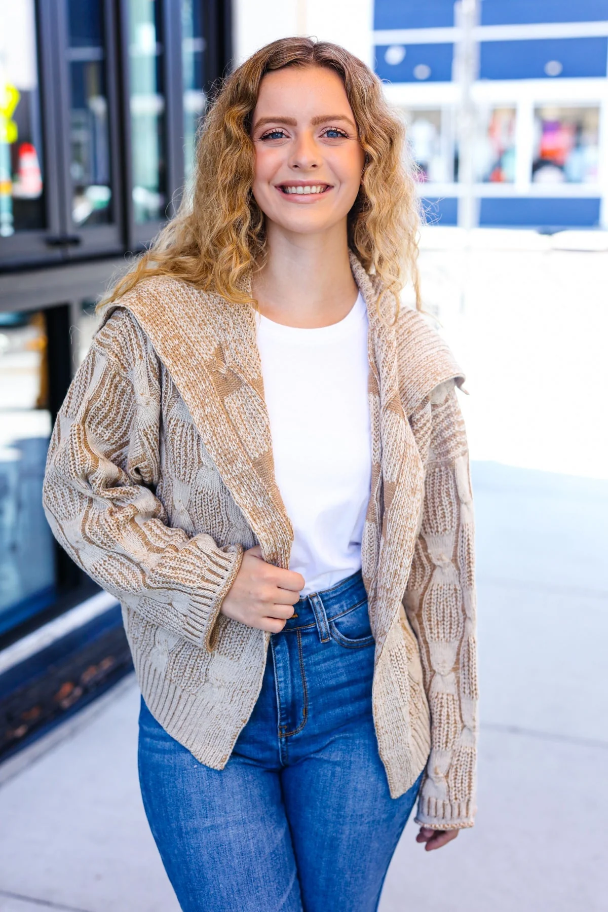 Odette | Autumn Vibes Taupe structured cable knit cardigan with collar - Image 14