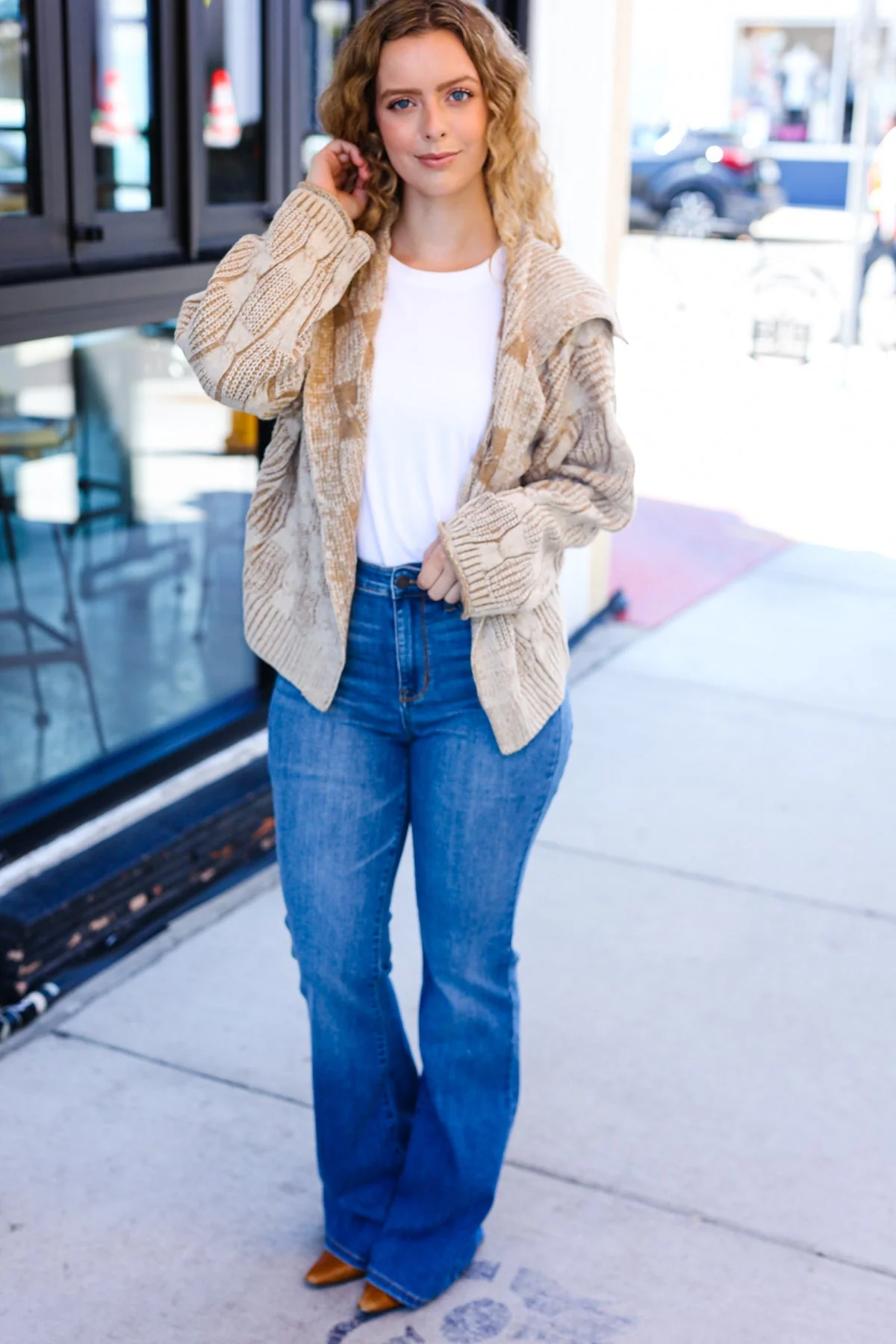 Odette | Autumn Vibes Taupe structured cable knit cardigan with collar - Image 16