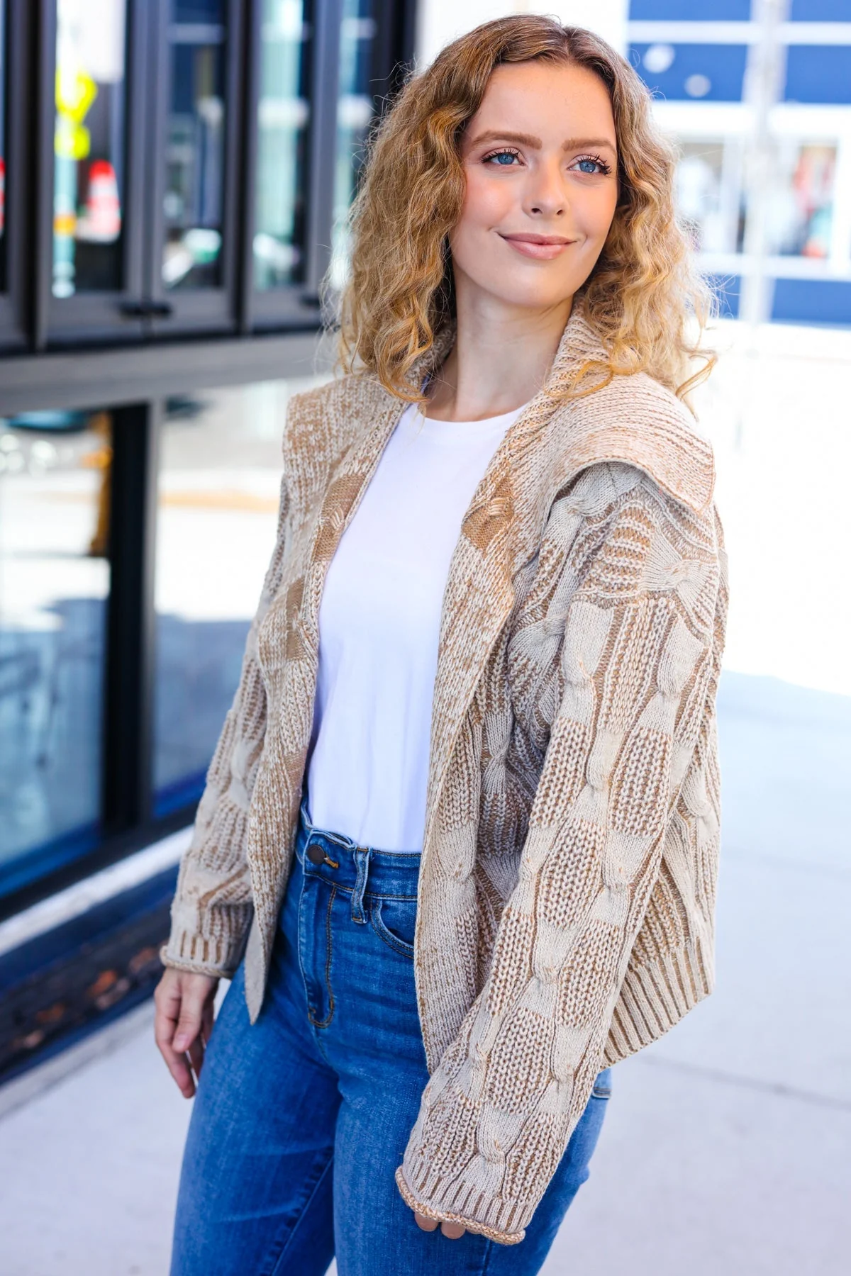Odette | Autumn Vibes Taupe structured cable knit cardigan with collar - Image 17