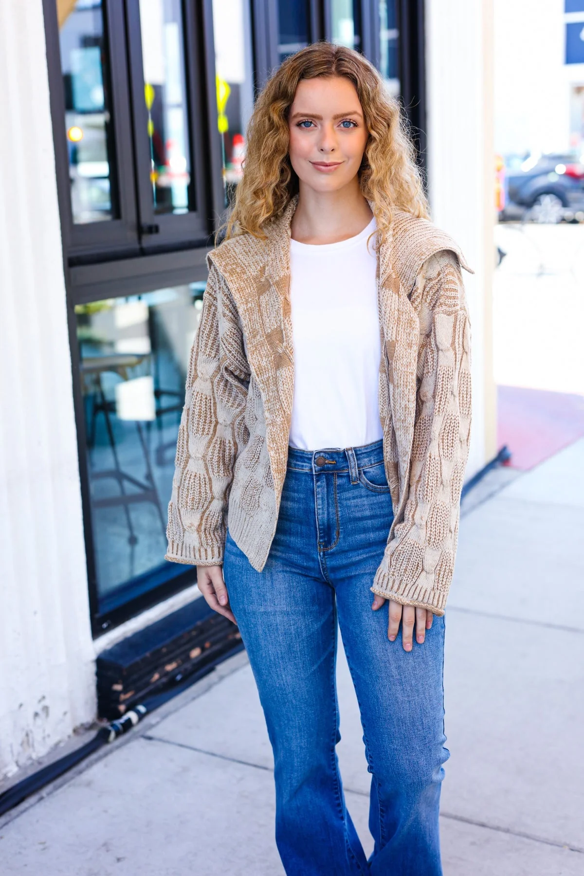 Odette | Autumn Vibes Taupe structured cable knit cardigan with collar - Image 18