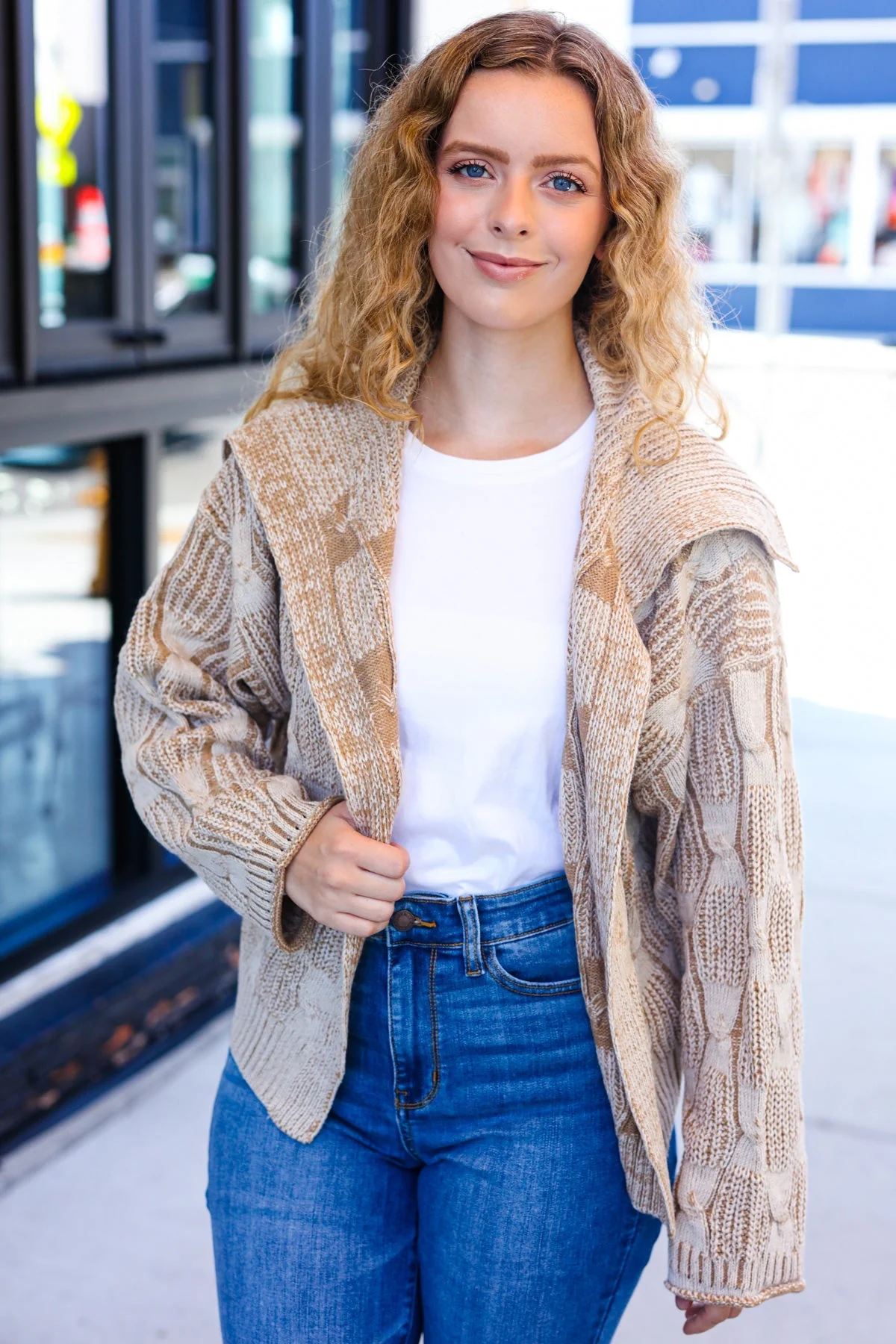 Odette | Autumn Vibes Taupe structured cable knit cardigan with collar - Image 19