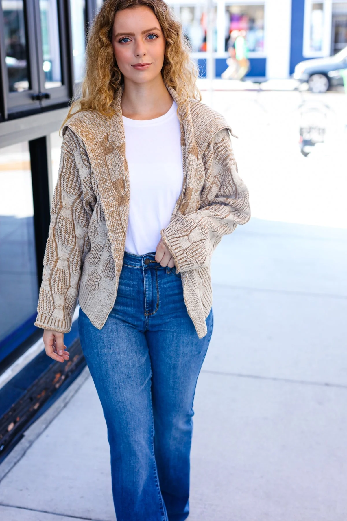 Odette | Autumn Vibes Taupe structured cable knit cardigan with collar - Image 22