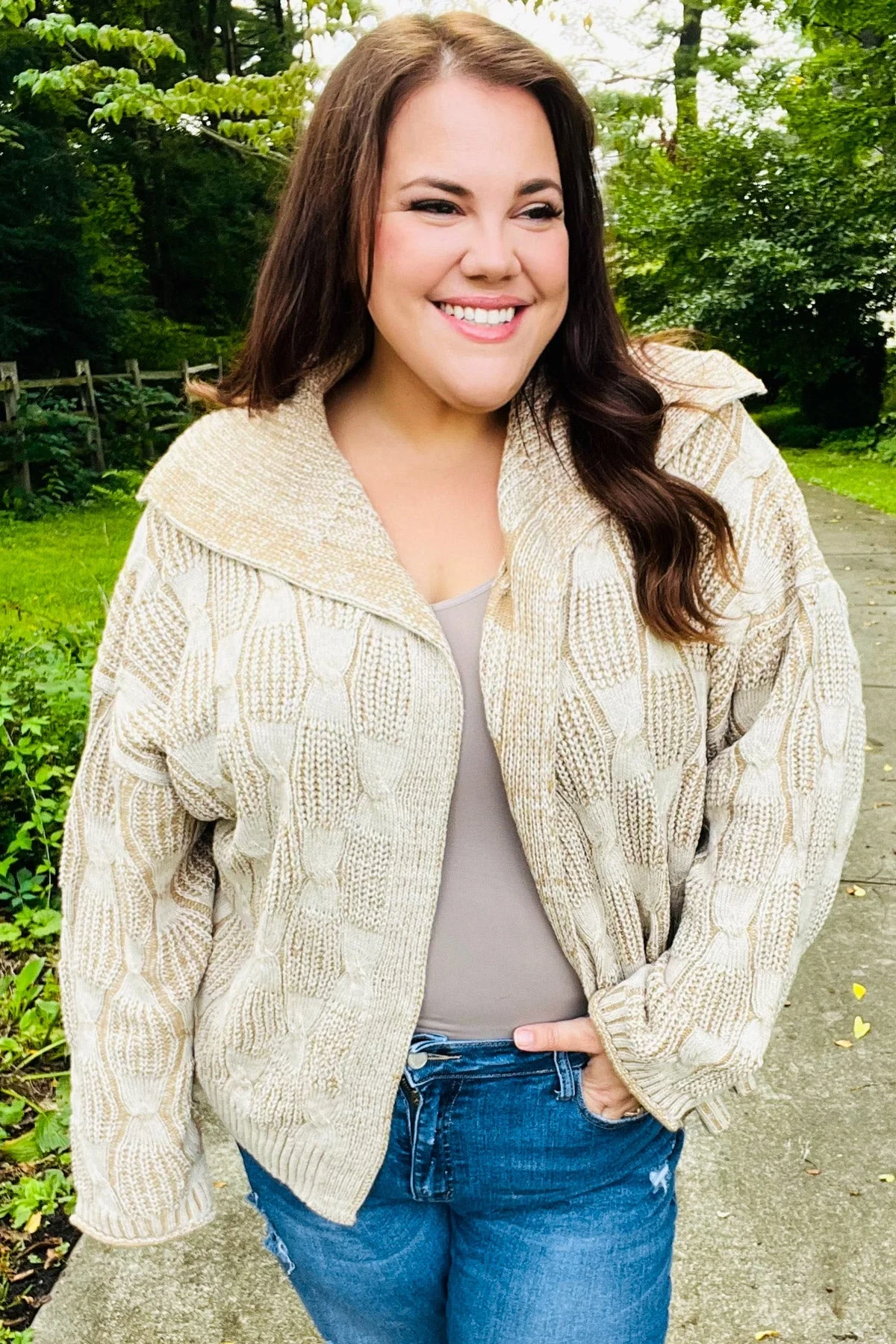 Odette | Autumn Vibes Taupe structured cable knit cardigan with collar - Image 6