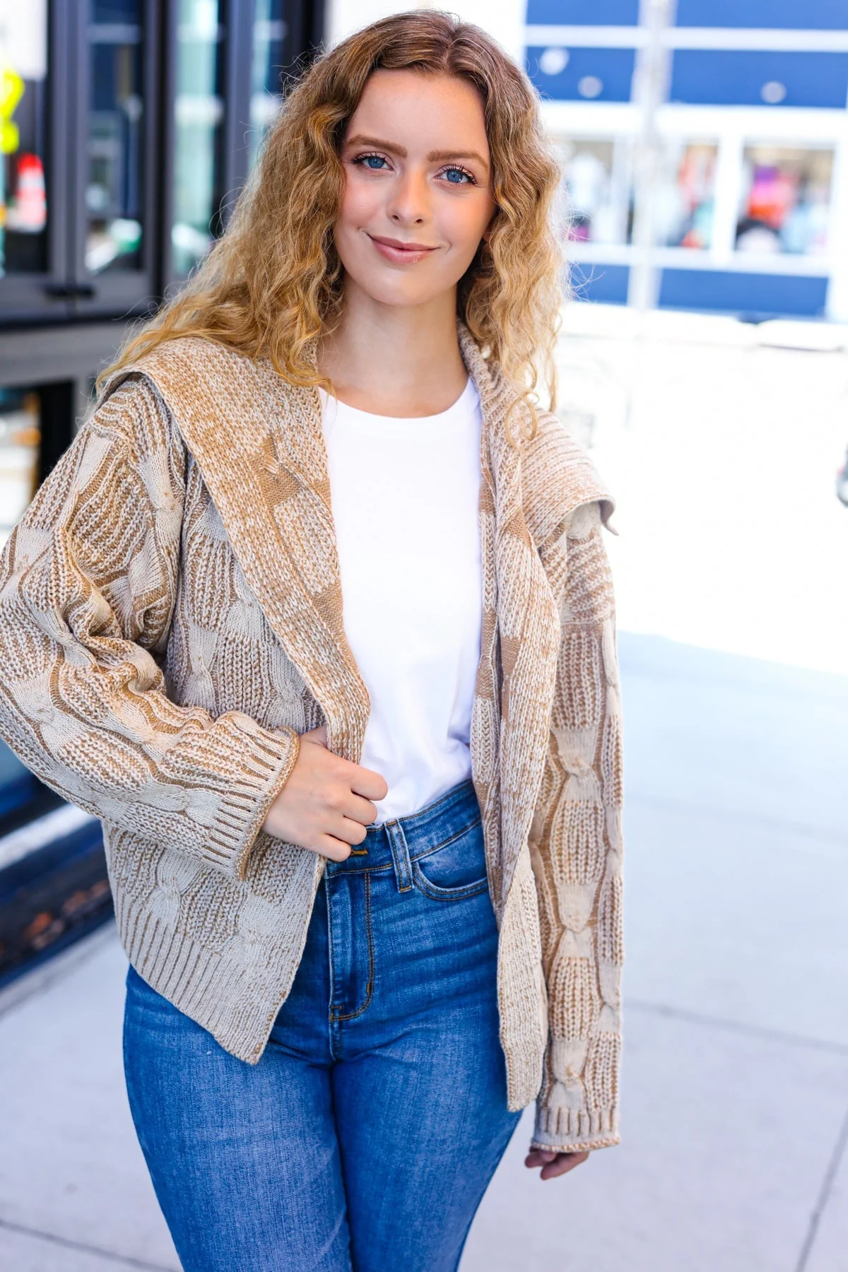 Odette | Autumn Vibes Taupe structured cable knit cardigan with collar - Image 7
