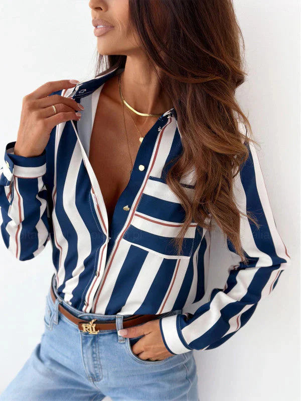 Olga® | Elegant Long-Sleeved Striped Button-Down Polo Blouse - Image 3