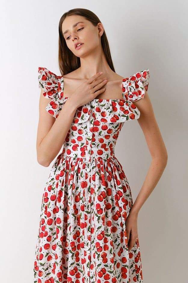 Olga® | Ruffled Cherry Print Midi Dress - Image 2