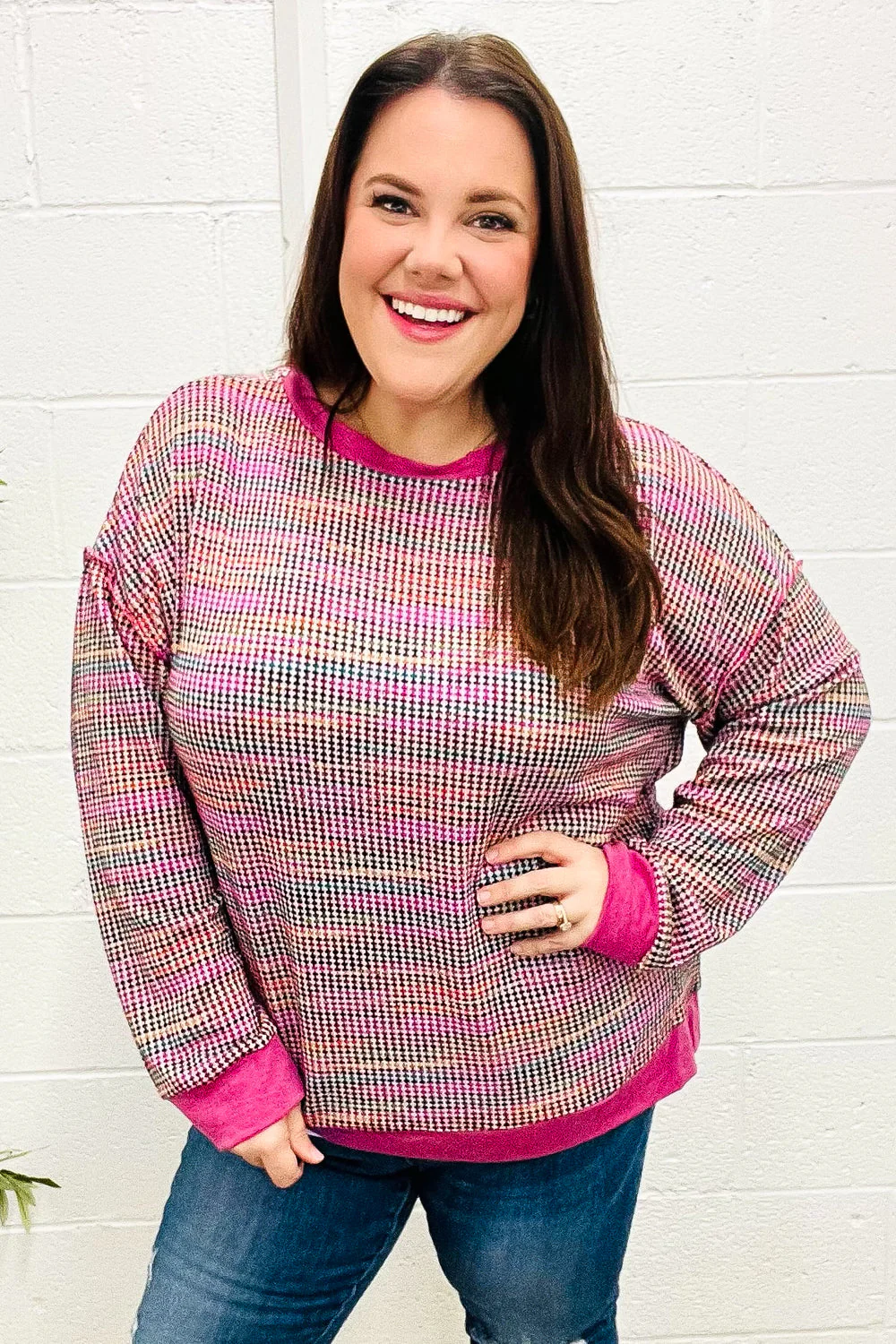 Olivia | Bring Joy Magenta Multicolor Textured Waffle Knit Sweater