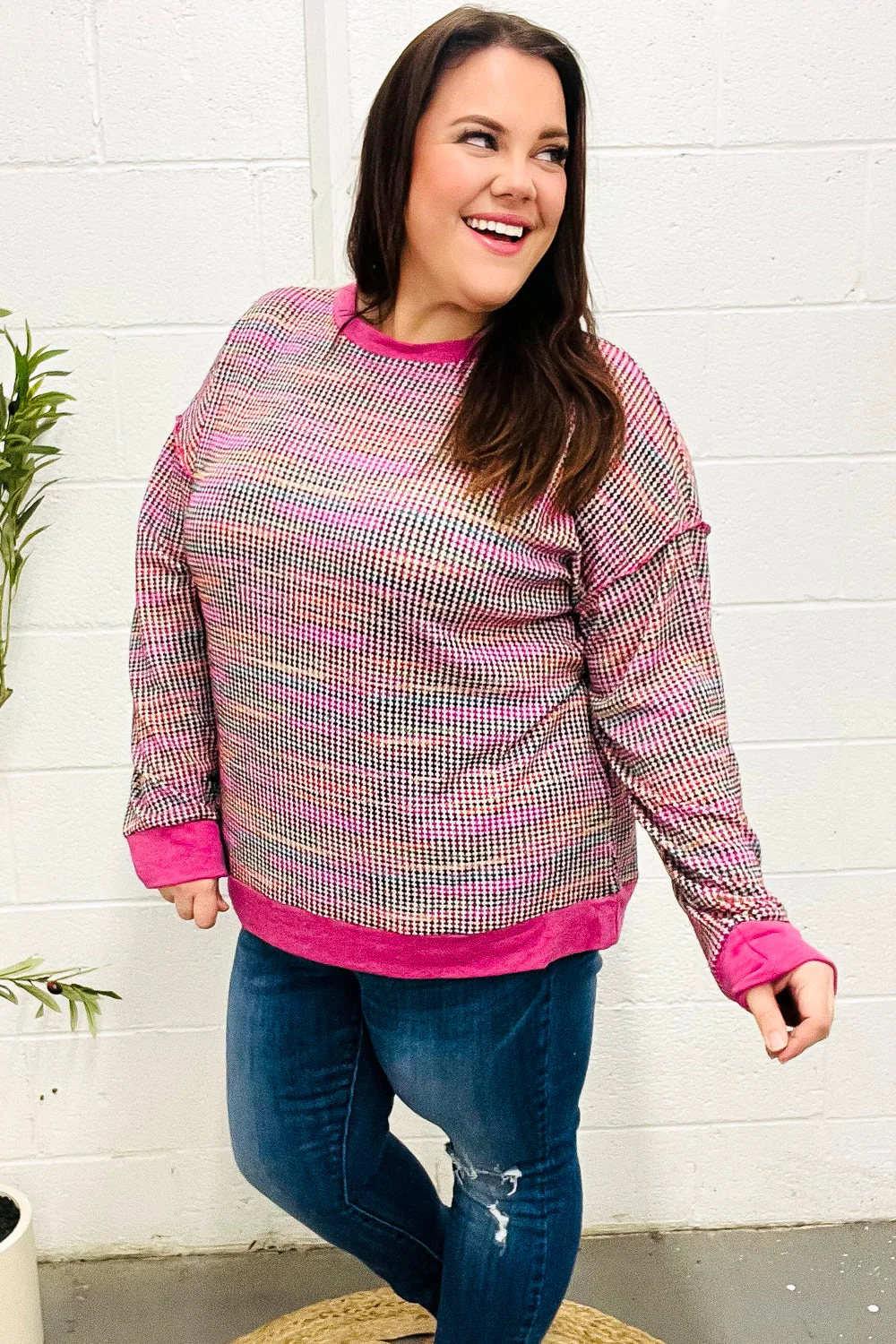 Olivia | Bring Joy Magenta Multicolor Textured Waffle Knit Sweater - Image 12