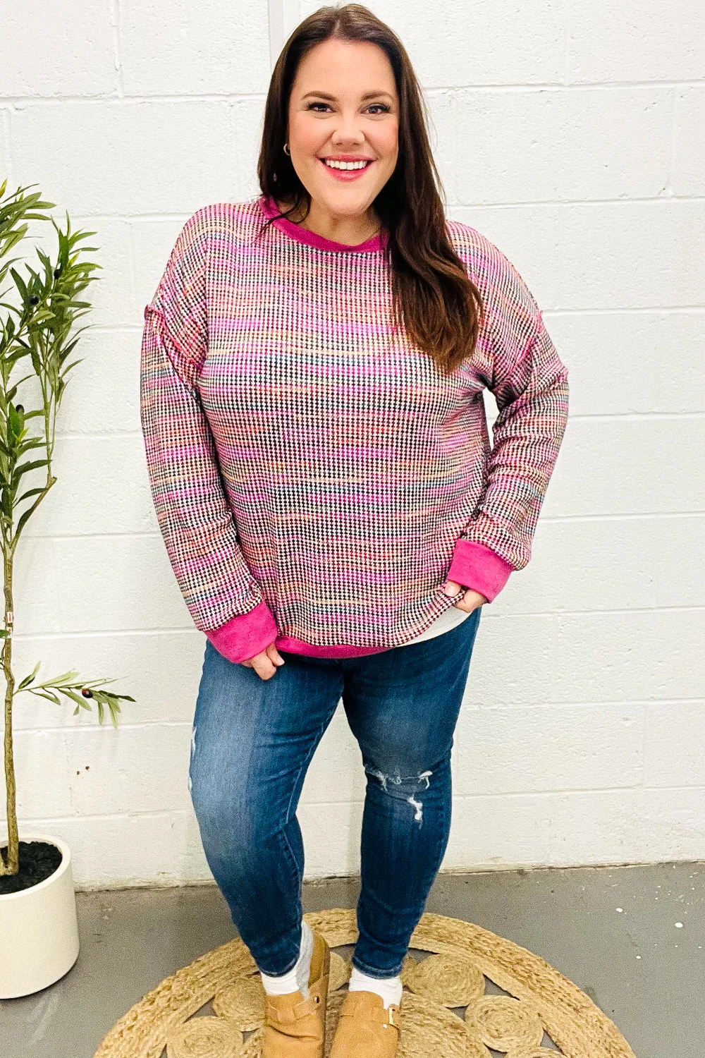 Olivia | Bring Joy Magenta Multicolor Textured Waffle Knit Sweater - Image 3