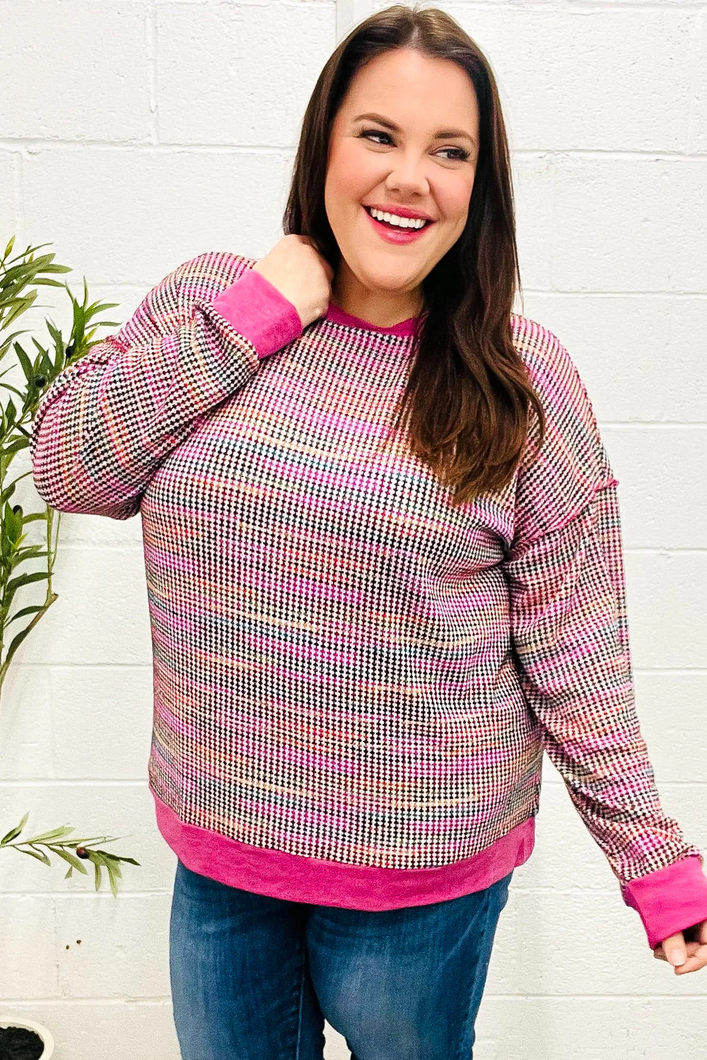 Olivia | Bring Joy Magenta Multicolor Textured Waffle Knit Sweater - Image 5