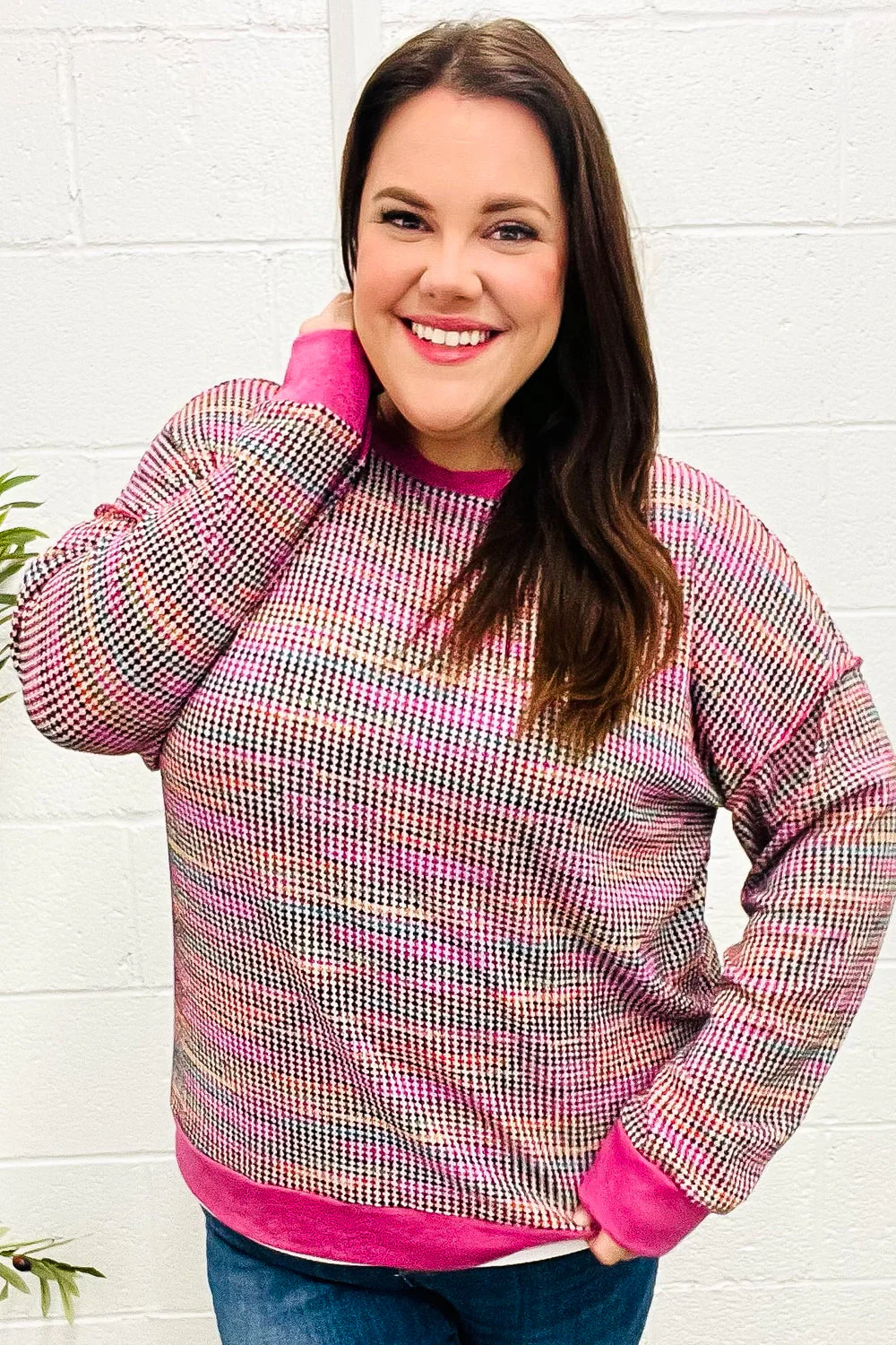Olivia | Bring Joy Magenta Multicolor Textured Waffle Knit Sweater - Image 6