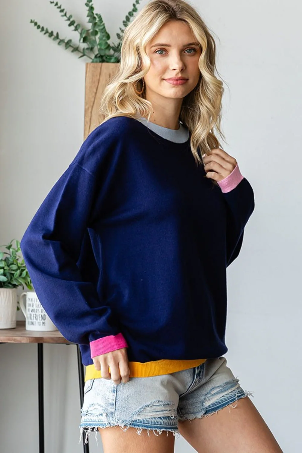 Olivia | First Love contrast long sleeve jumper with ribbed crew neck - Image 3