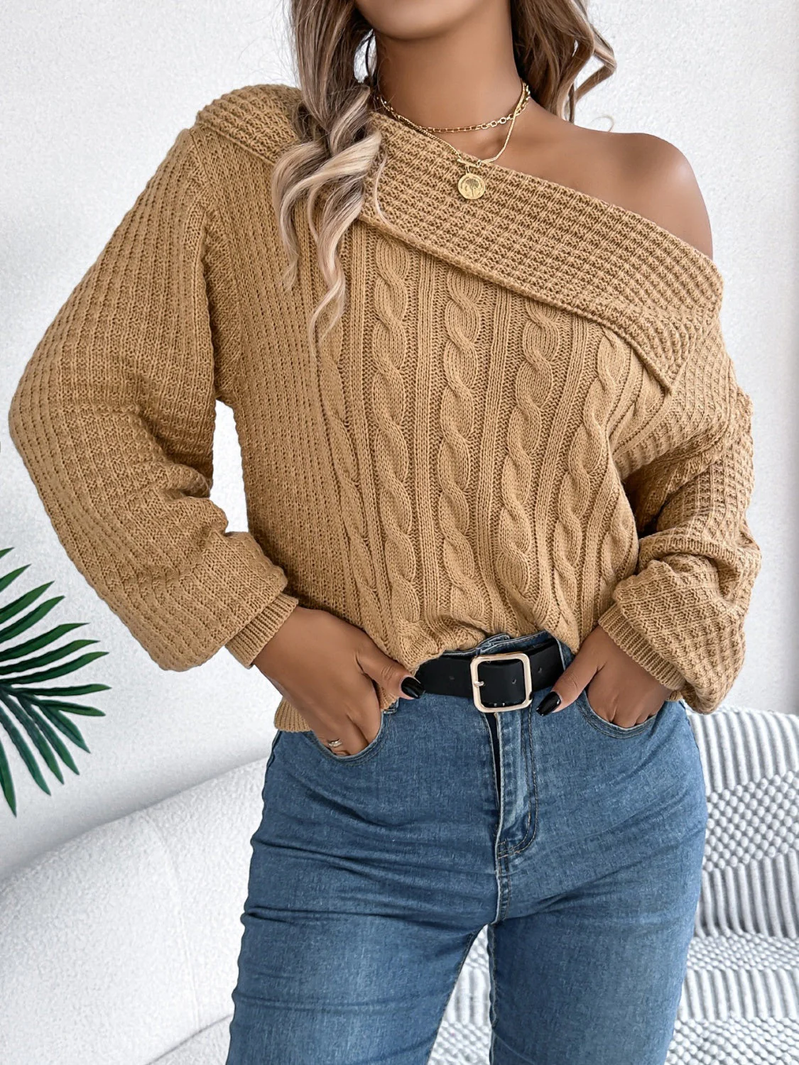 Olivia | Long sleeve cable knit sweater with one shoulder