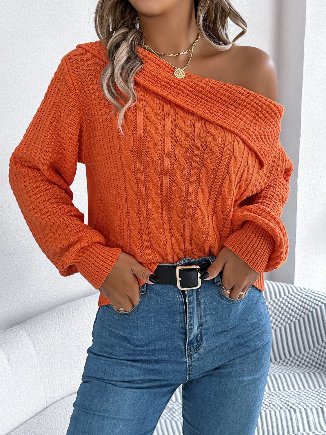Olivia | Long sleeve cable knit sweater with one shoulder - Image 10