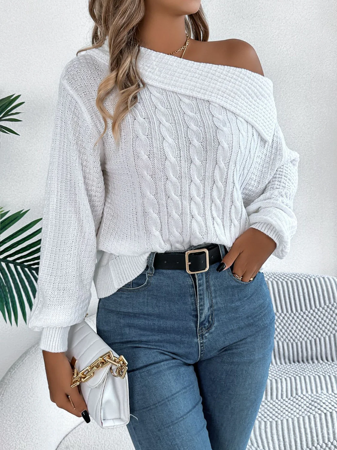 Olivia | Long sleeve cable knit sweater with one shoulder - Image 16