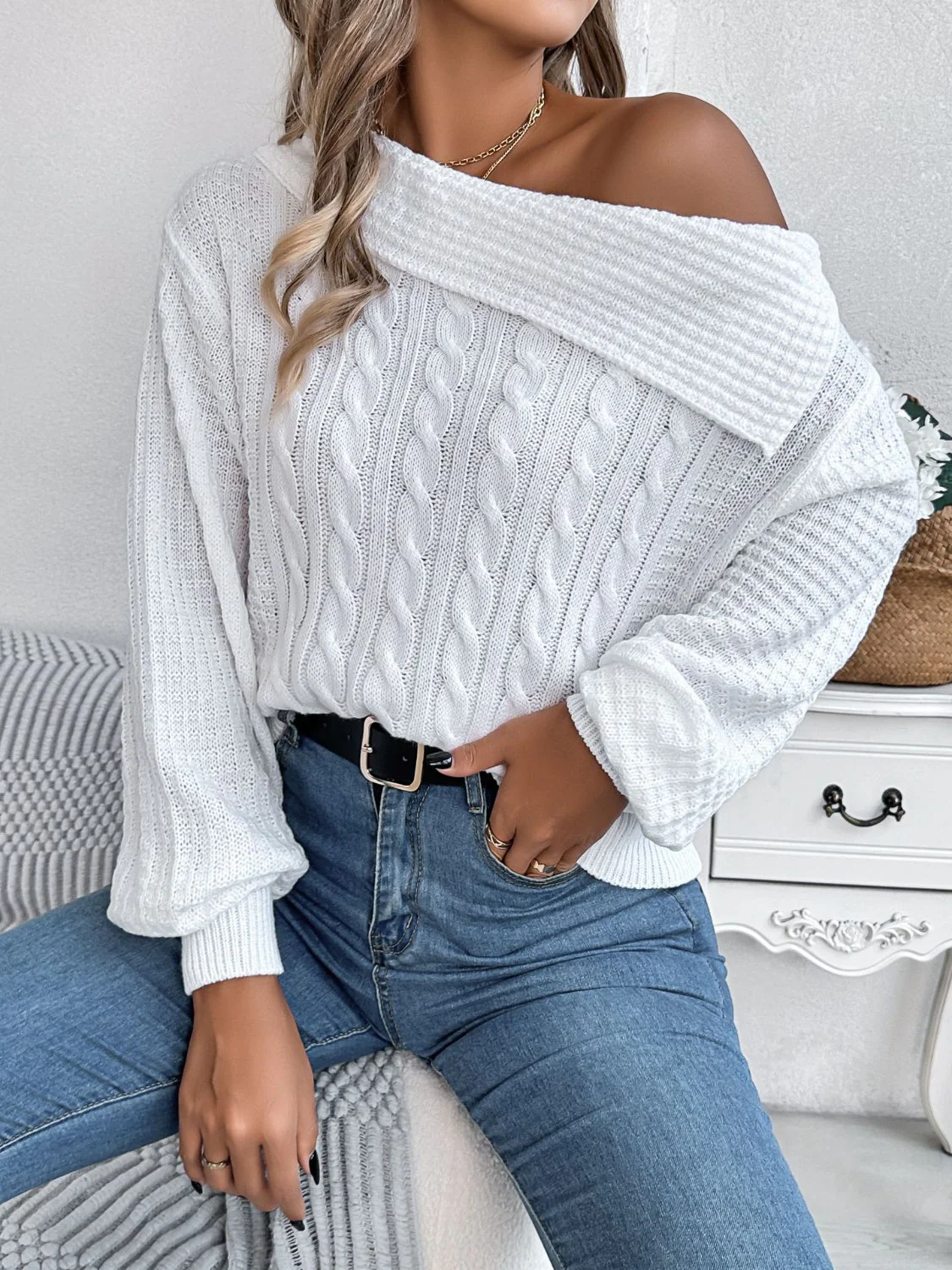 Olivia | Long sleeve cable knit sweater with one shoulder - Image 18