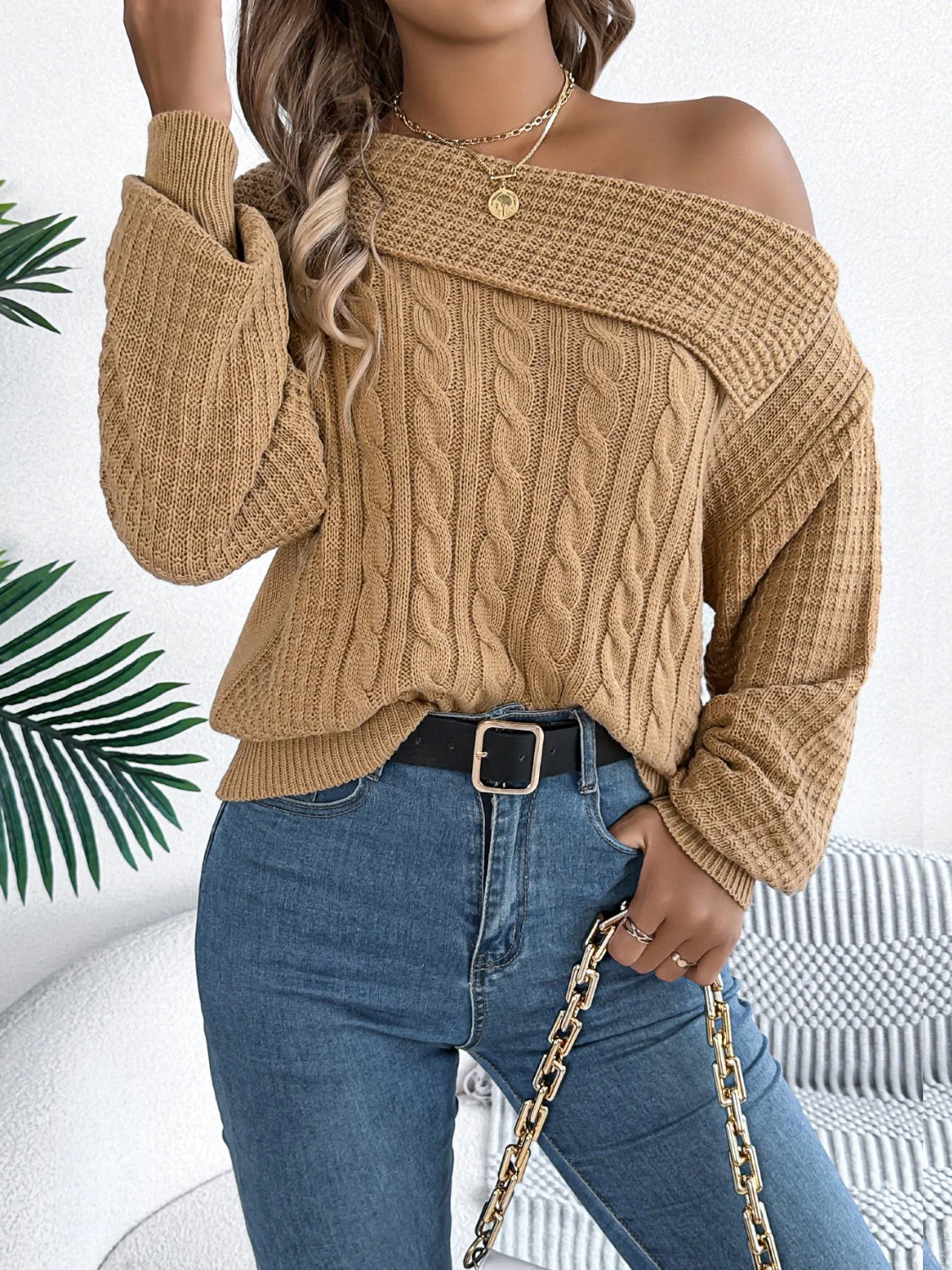 Olivia | Long sleeve cable knit sweater with one shoulder - Image 5