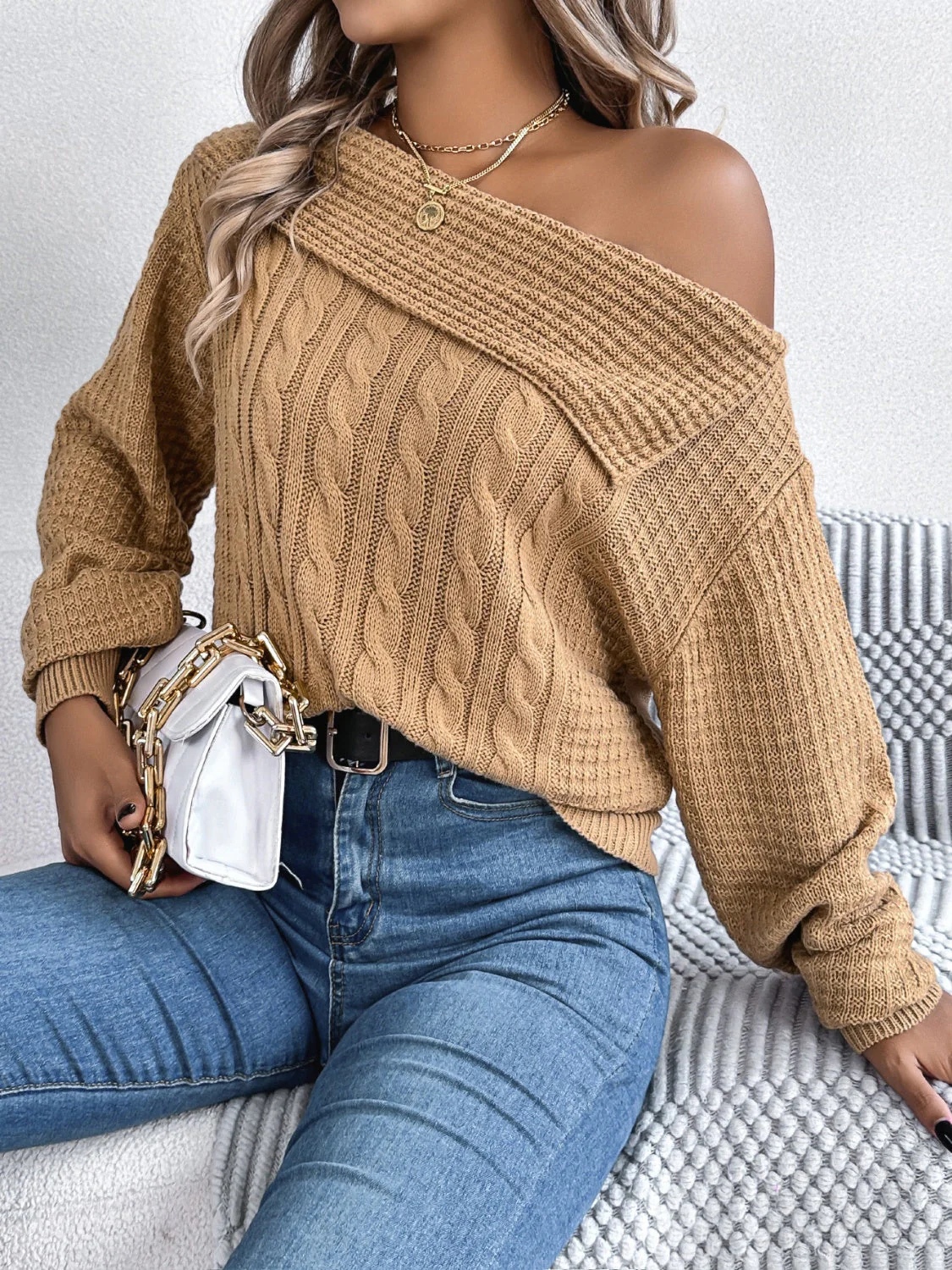 Olivia | Long sleeve cable knit sweater with one shoulder - Image 6