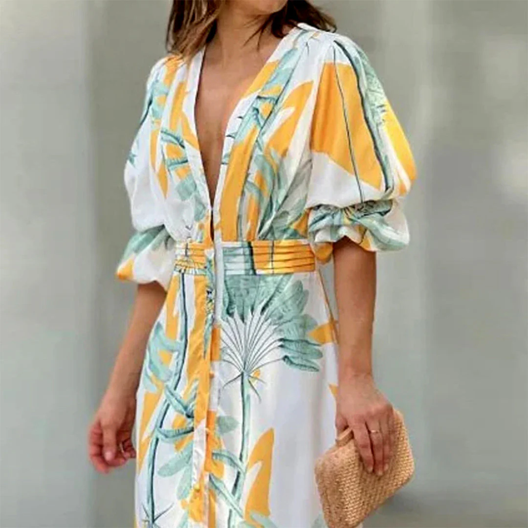 Ona® | Flower Print Puff Sleeve Button Maxi Dress - Image 2