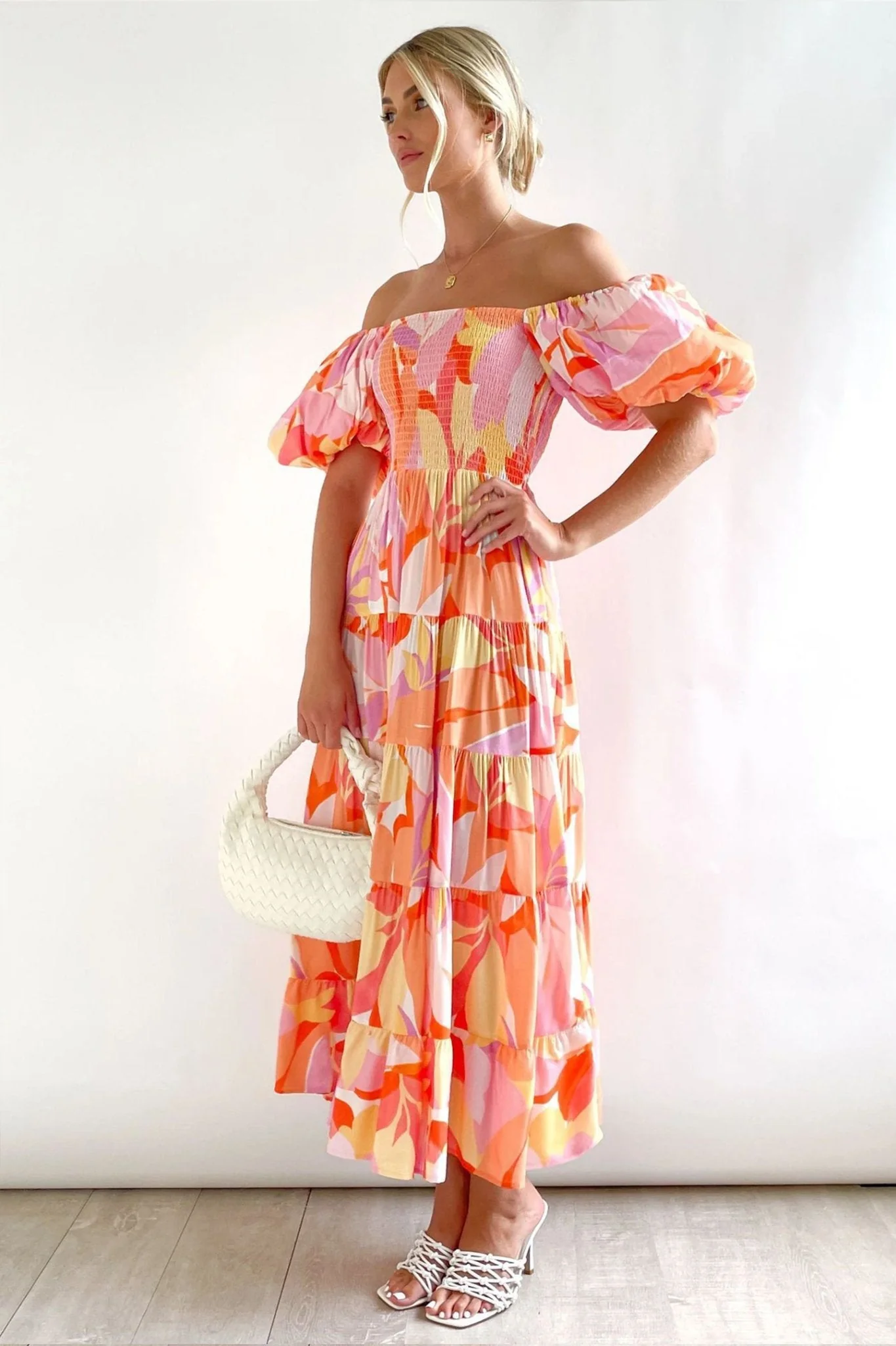 Oriana® | Printed Off-The-Shoulder Tiered Maxi Dress With Puff Sleeves