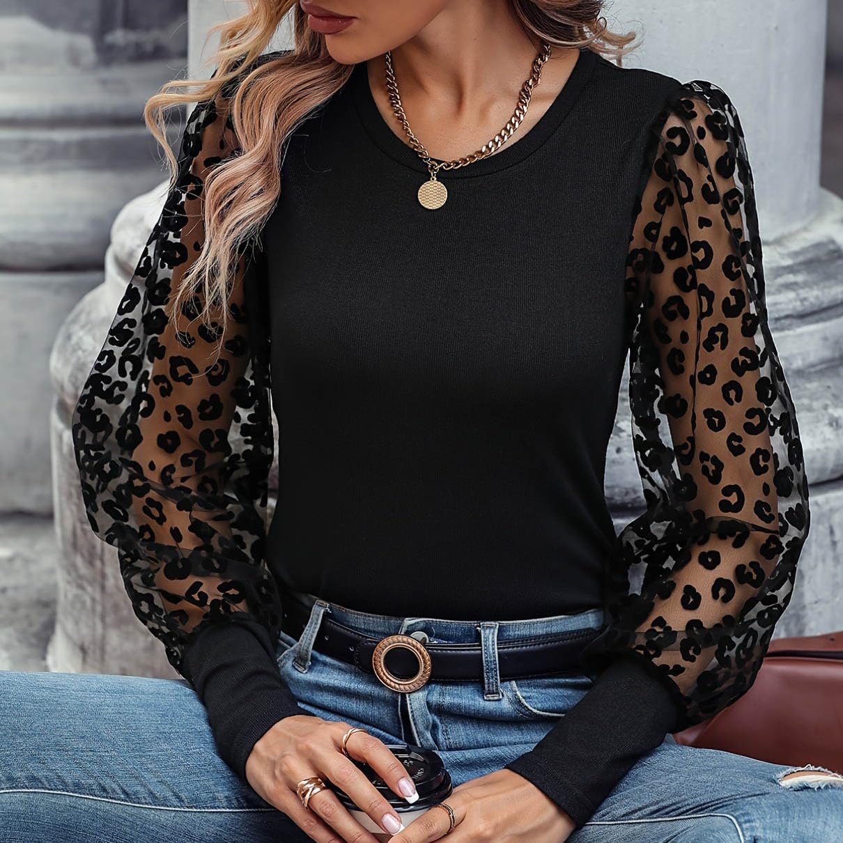 Ornella® | Black Blouse With Leopard Lace Sleeves - Image 3