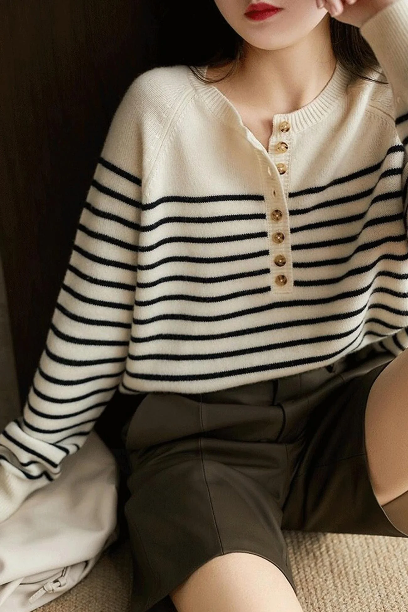 Paula | Striped sweater with a crew neck and button placket at the front - Image 3