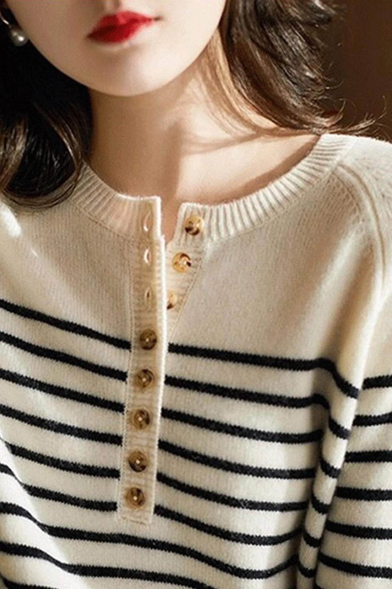 Paula | Striped sweater with a crew neck and button placket at the front - Image 4