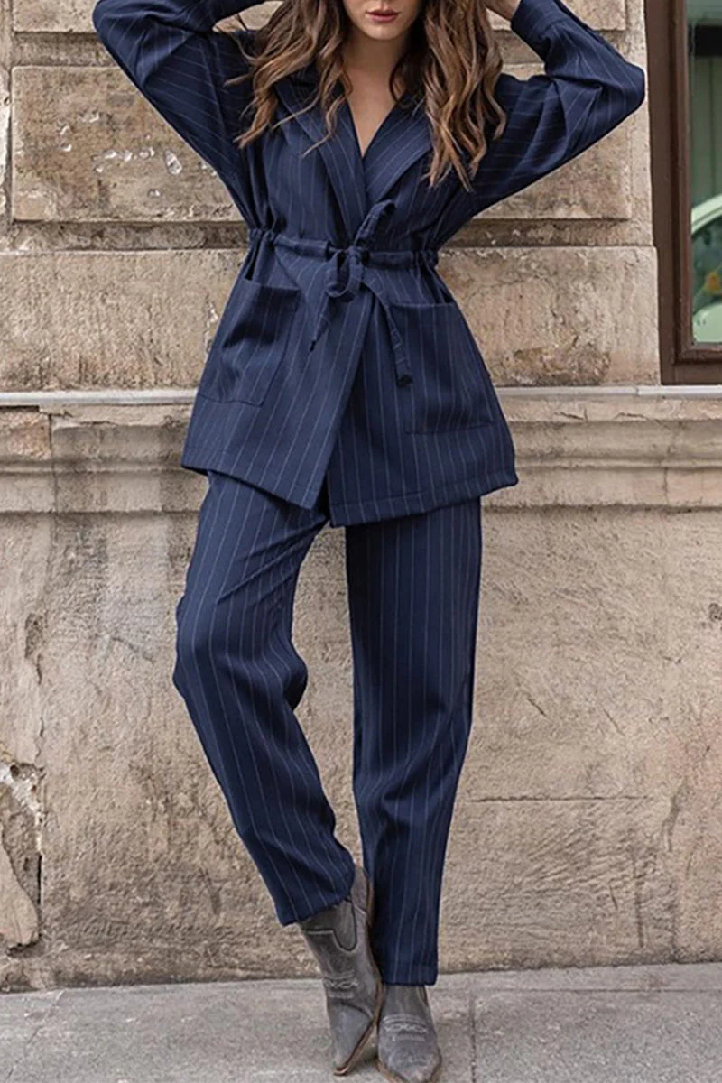 Paulina | British style elegant striped bandage reversible collar long sleeve two piece - Image 3