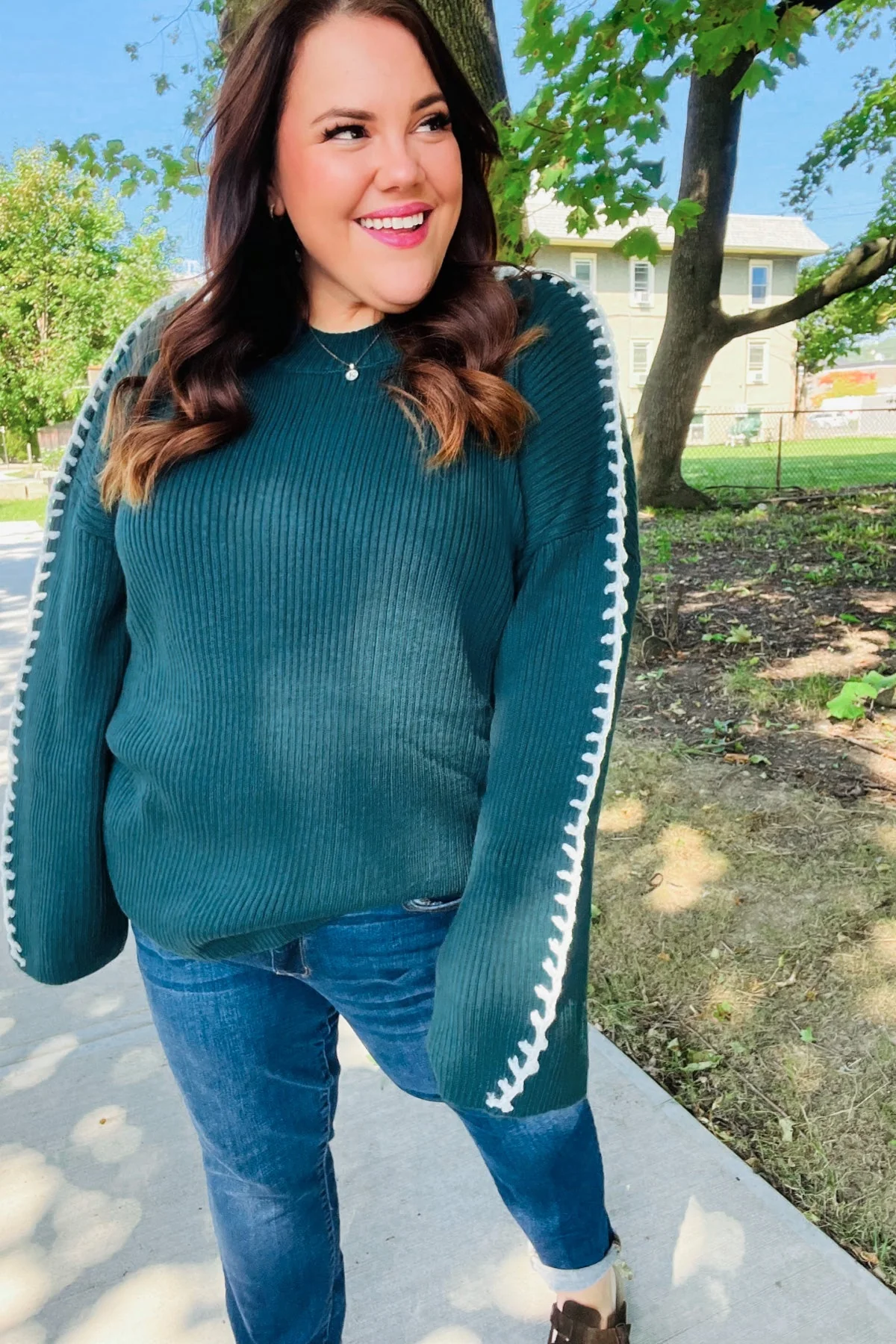 Paulina | Fall Vibes Hunter Green rib knit sweater with large stitches - Image 9