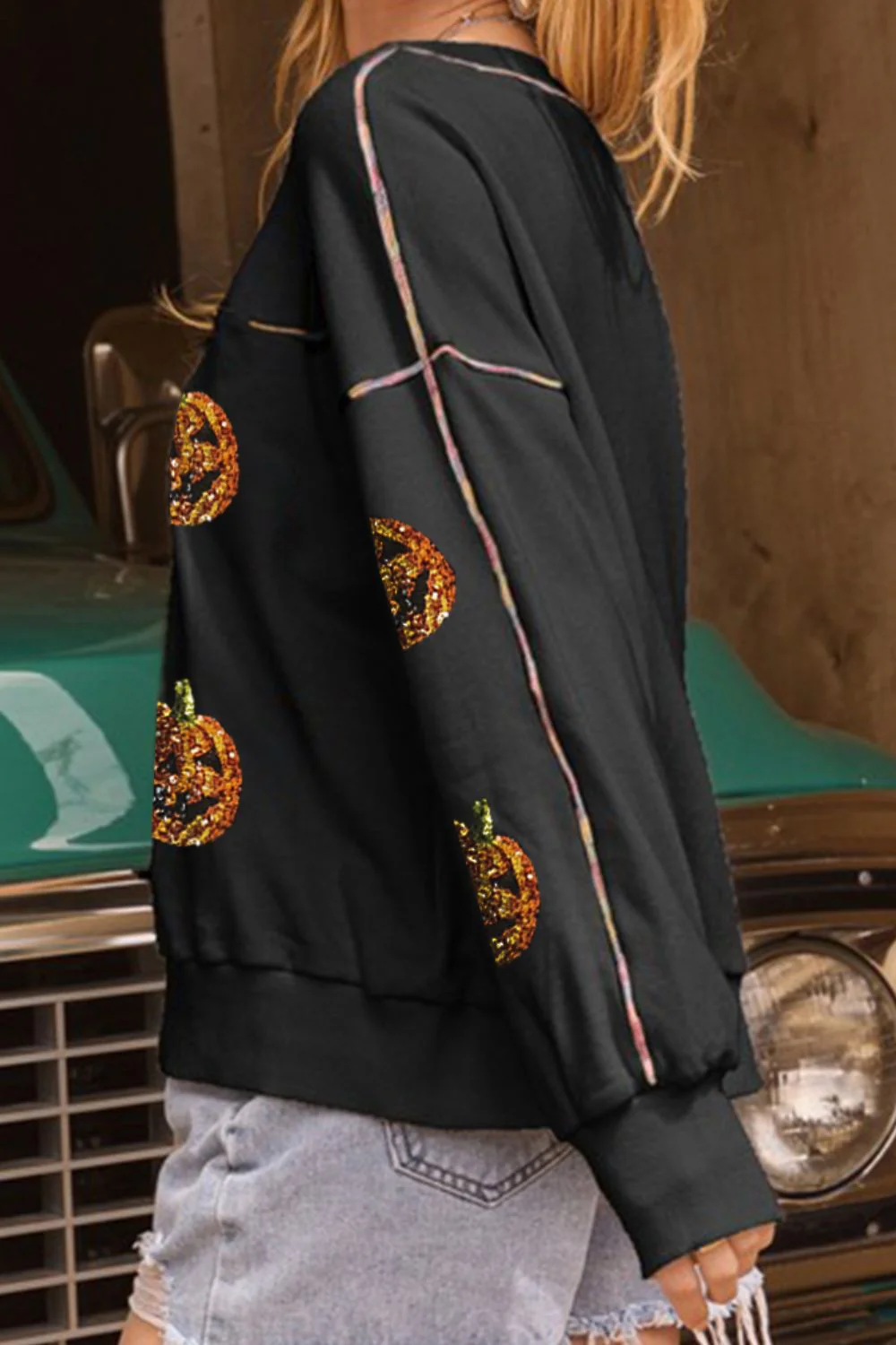Petra | Long sleeve sequin pumpkin crew neck sweatshirt - Image 2
