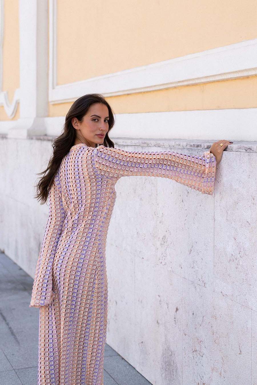 Pilar® | Boho V-Neck Bell Sleeve Maxi Dress, Wavy Striped Crochet Beach Holiday Maxi Dress - Image 11