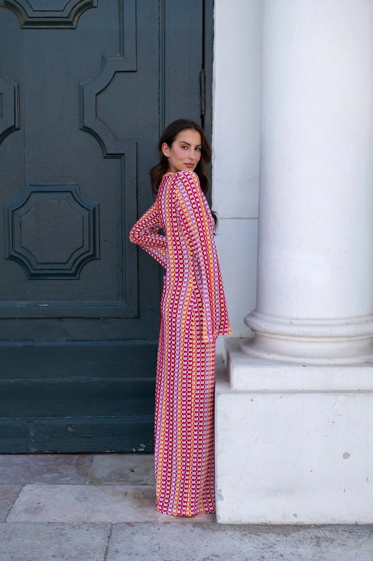 Pilar® | Boho V-Neck Bell Sleeve Maxi Dress, Wavy Striped Crochet Beach Holiday Maxi Dress - Image 13