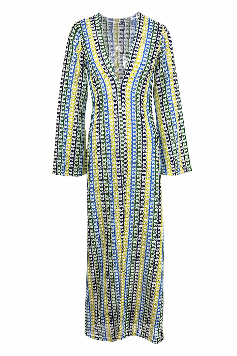 Pilar® | Boho V-Neck Bell Sleeve Maxi Dress, Wavy Striped Crochet Beach Holiday Maxi Dress - Image 16