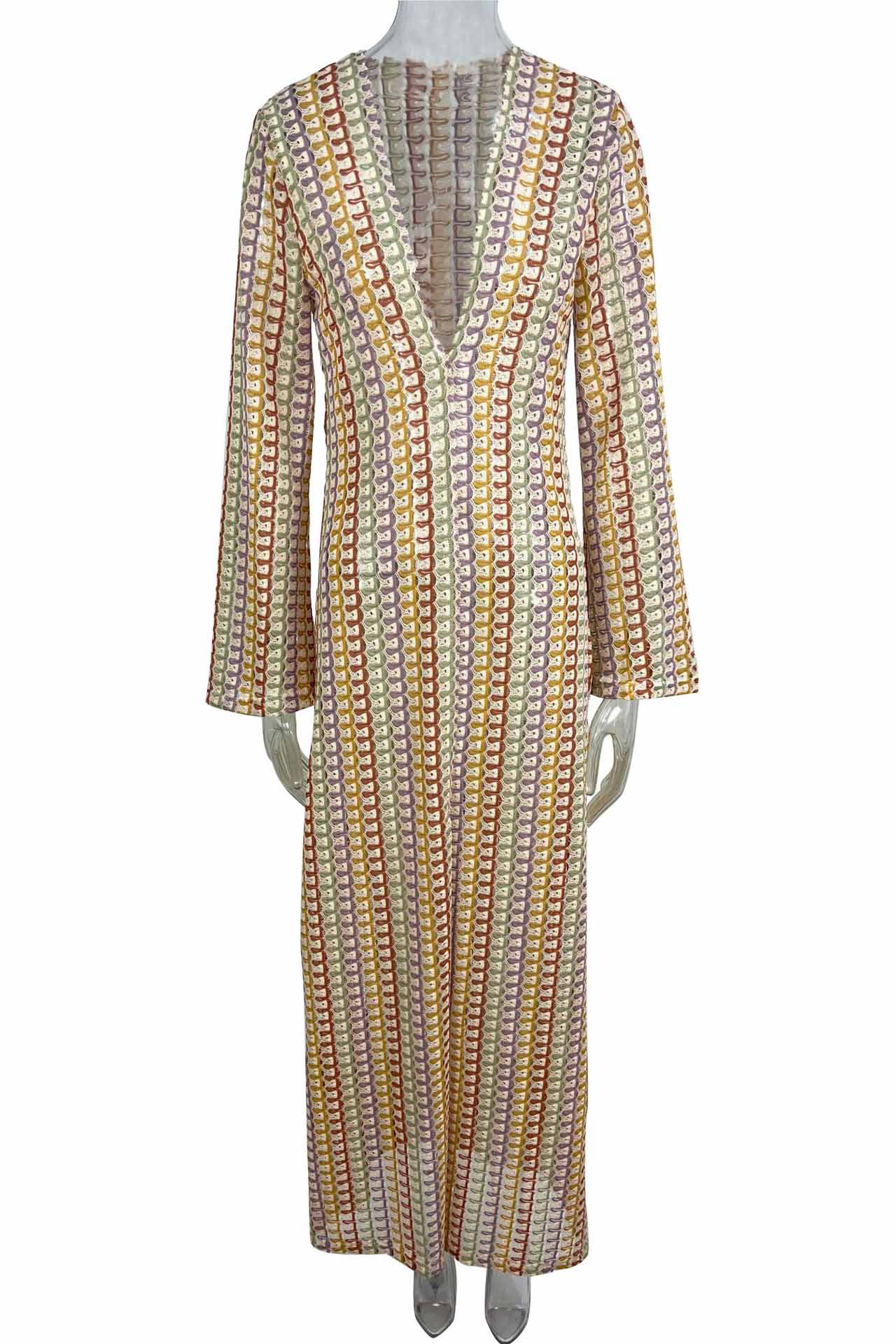 Pilar® | Boho V-Neck Bell Sleeve Maxi Dress, Wavy Striped Crochet Beach Holiday Maxi Dress - Image 20