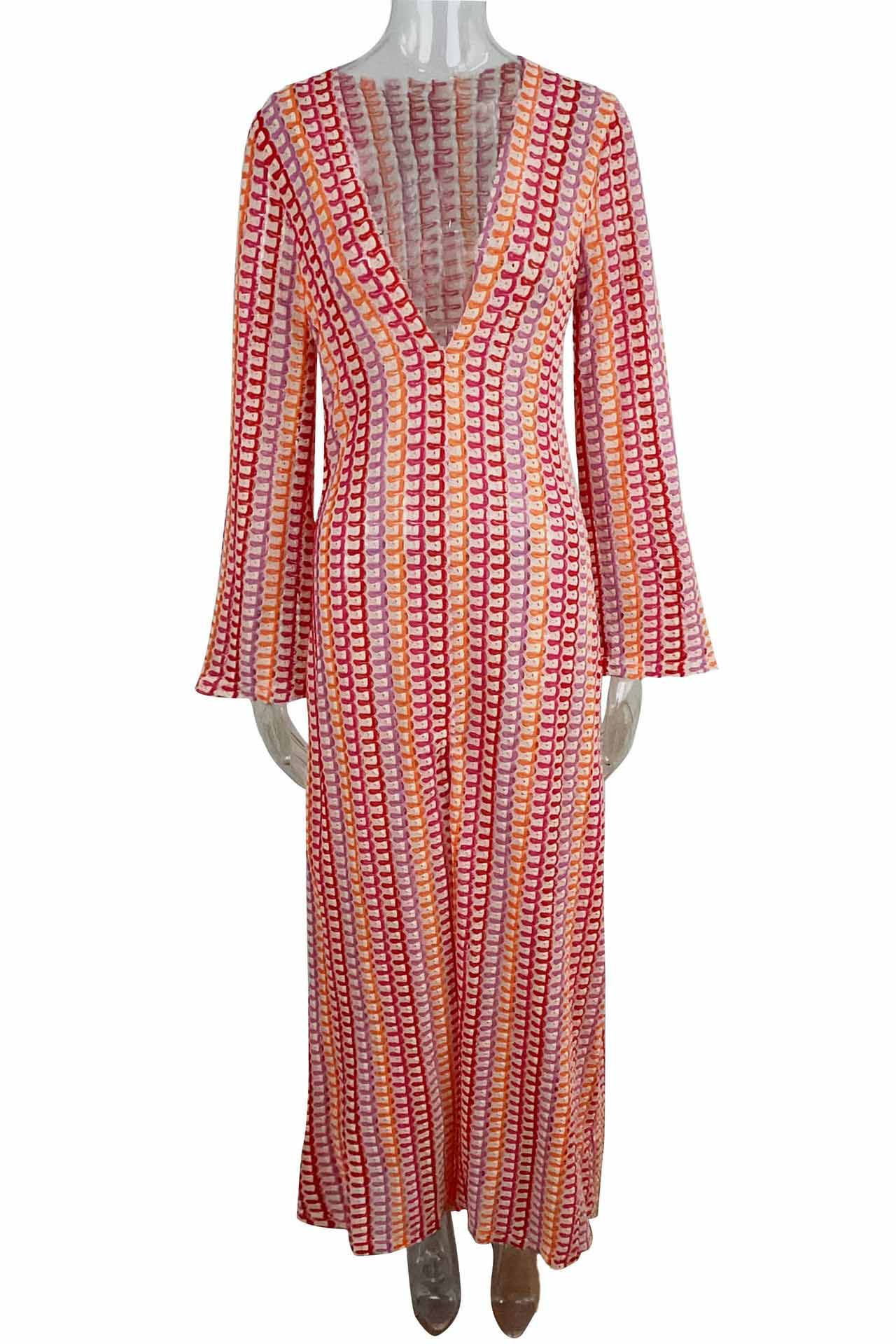 Pilar® | Boho V-Neck Bell Sleeve Maxi Dress, Wavy Striped Crochet Beach Holiday Maxi Dress - Image 21